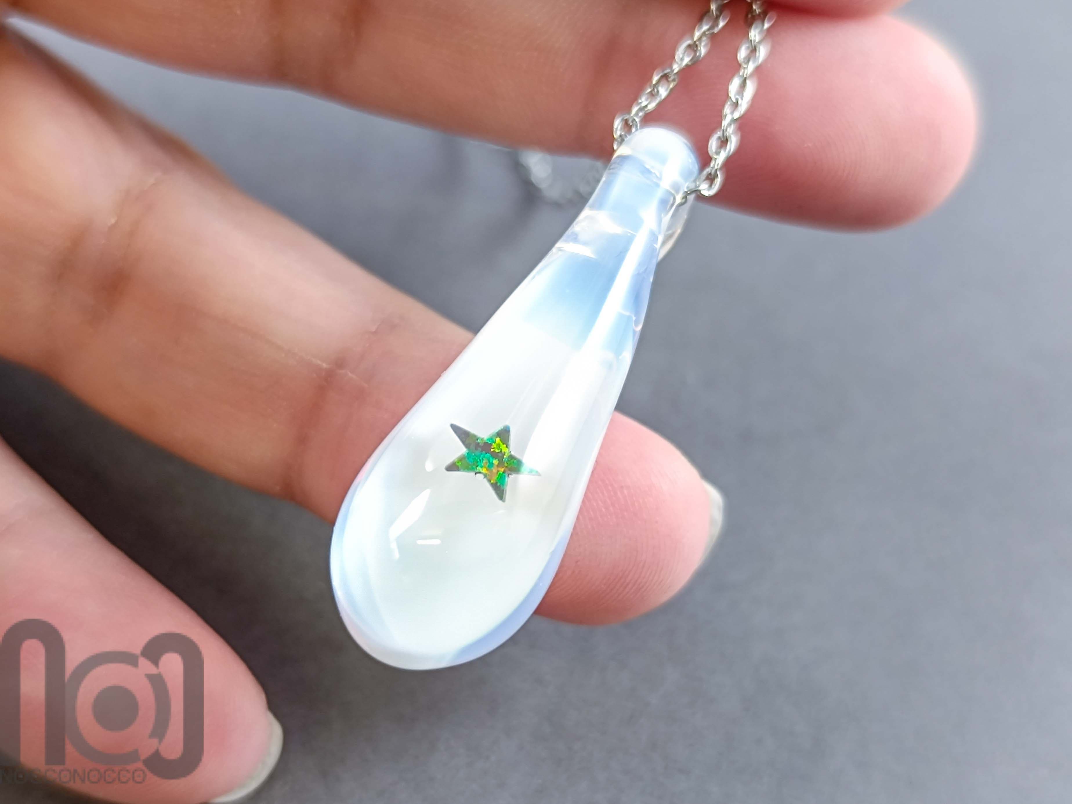 Handmade Glass Pendant with Star-Shaped Opal and Ghost White Background — handmade borosilicate glass by NoccoNocco, detail view 3 of 3, made in Greece