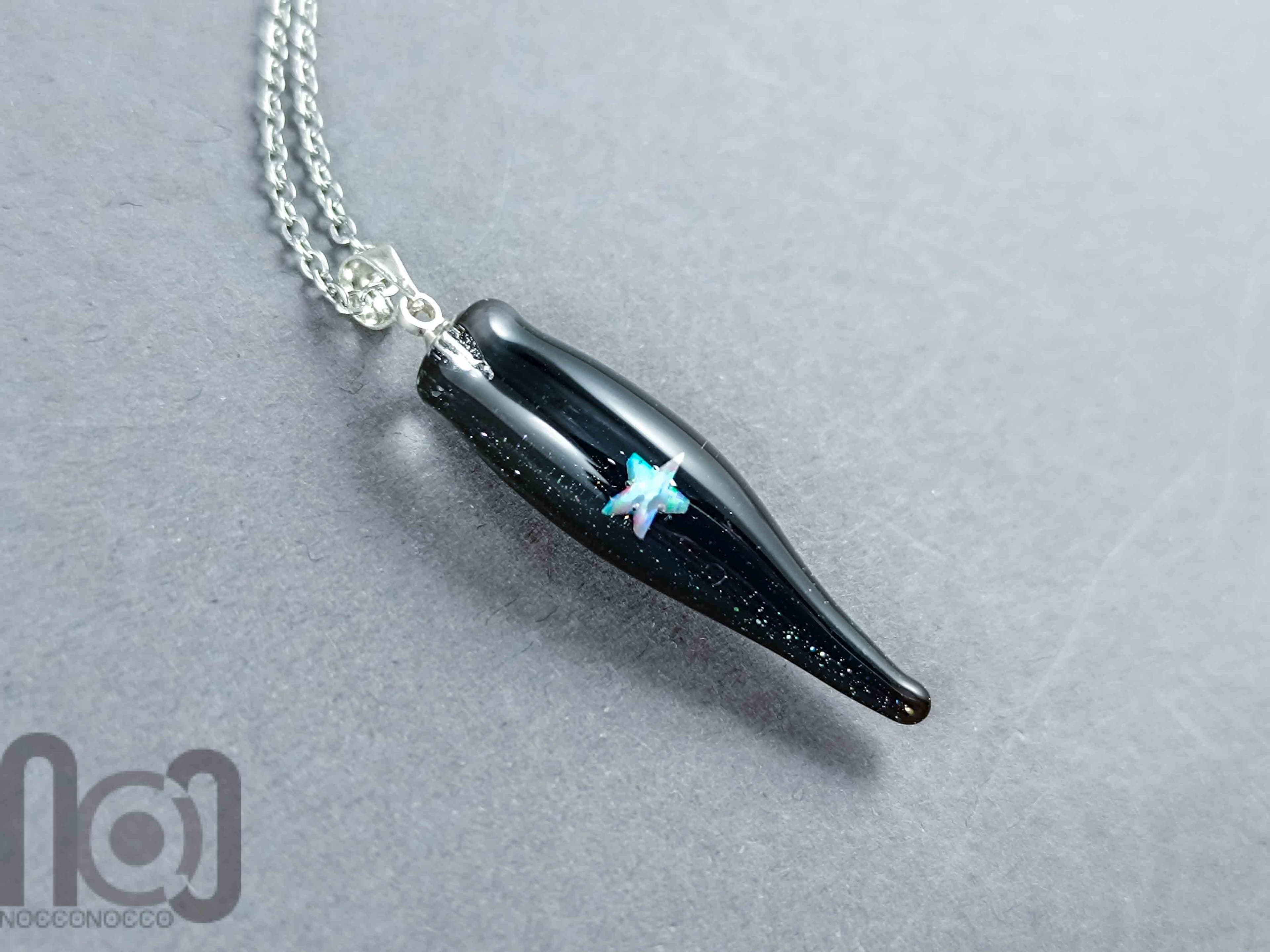 Handmade Starry Black Glass Pendant with Encased Star Opal — handmade borosilicate glass by NoccoNocco, detail view 2 of 3, made in Greece
