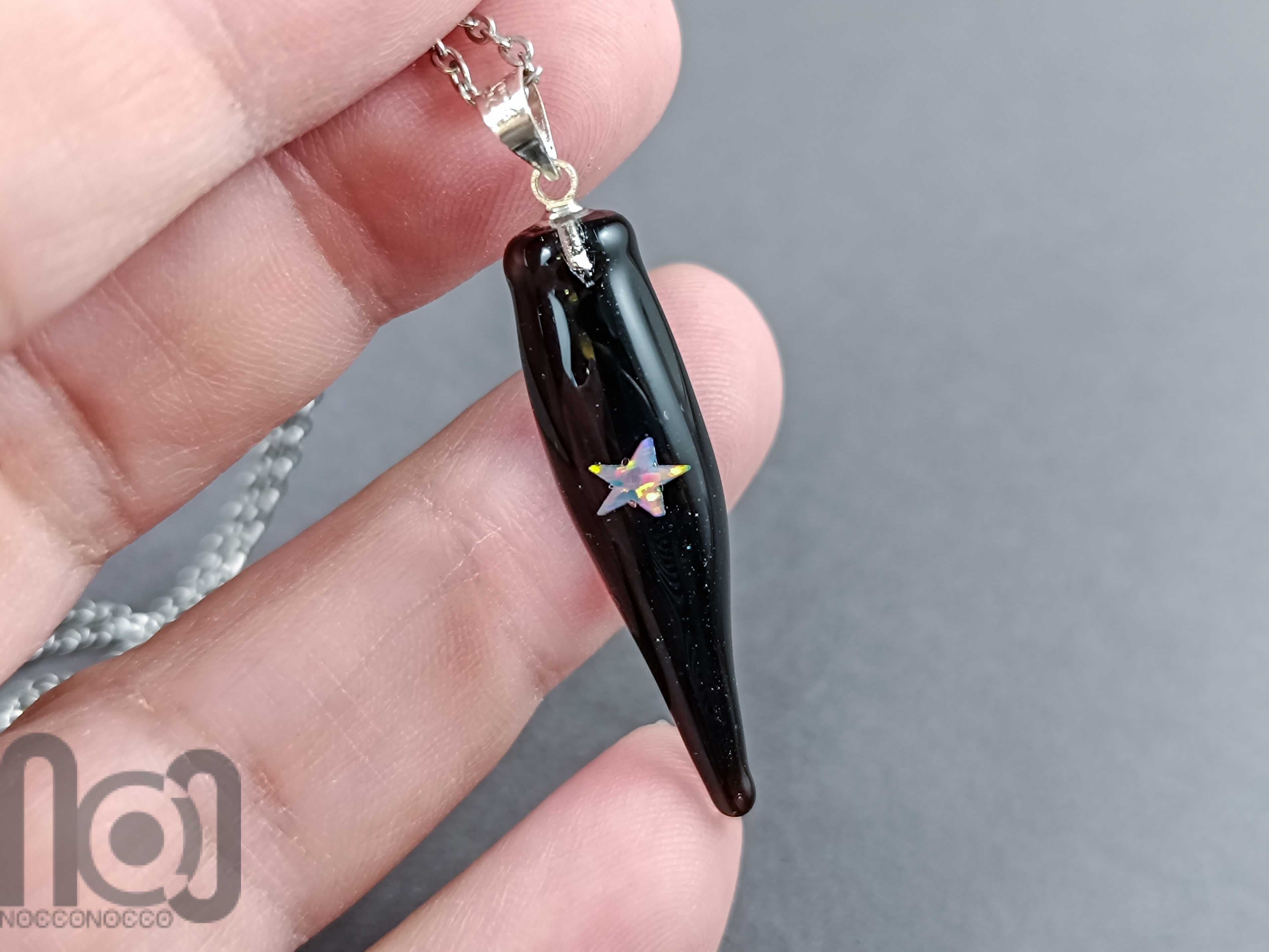 Handmade Starry Black Glass Pendant with Encased Star Opal — handmade borosilicate glass by NoccoNocco, detail view 3 of 3, made in Greece
