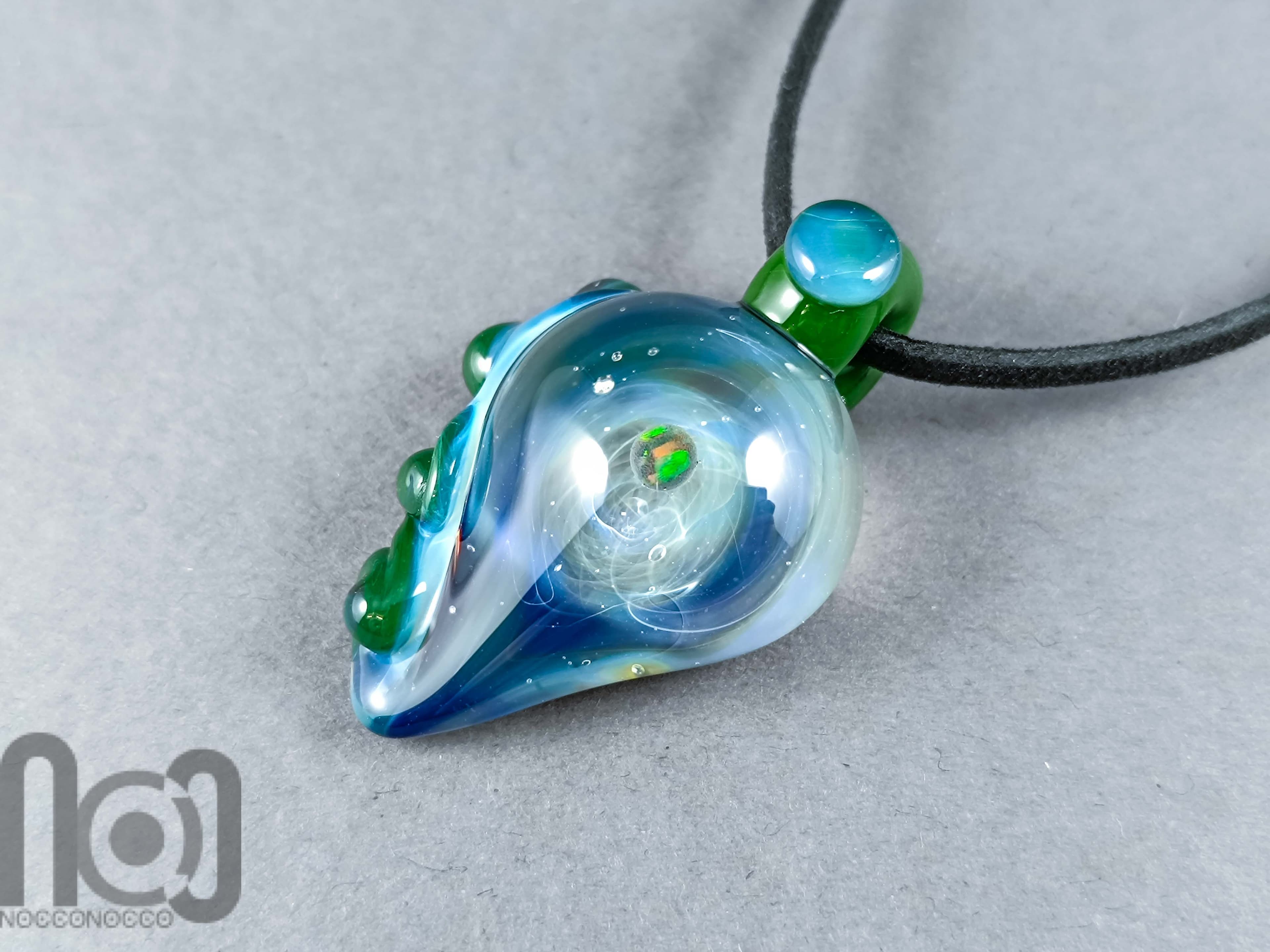 Galaxy Glass Pendant with Floating Opal, v338 — handmade borosilicate glass by NoccoNocco, main view, made in Greece