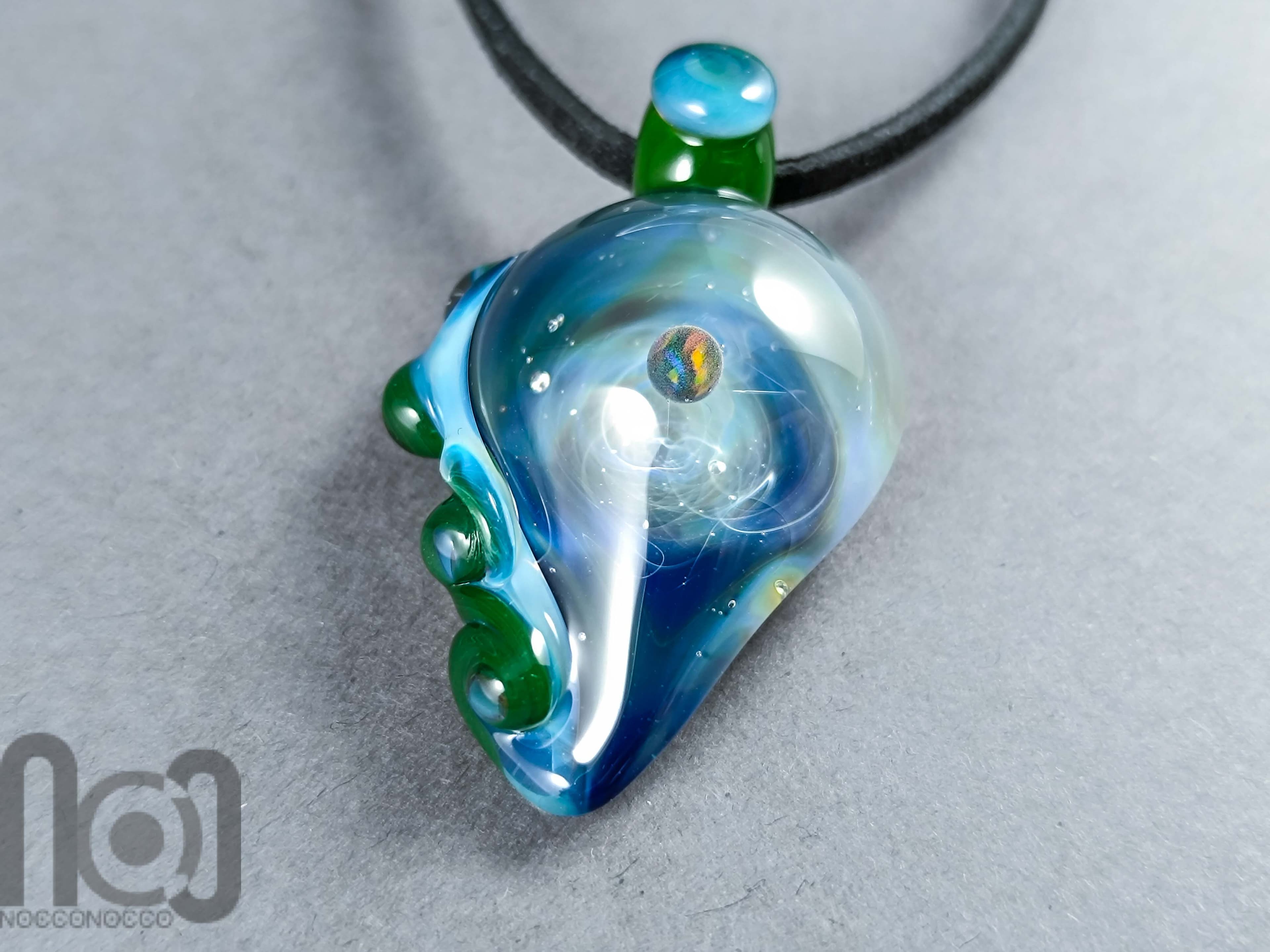 Galaxy Glass Pendant with Floating Opal, v338 — handmade borosilicate glass by NoccoNocco, detail view 3 of 4, made in Greece