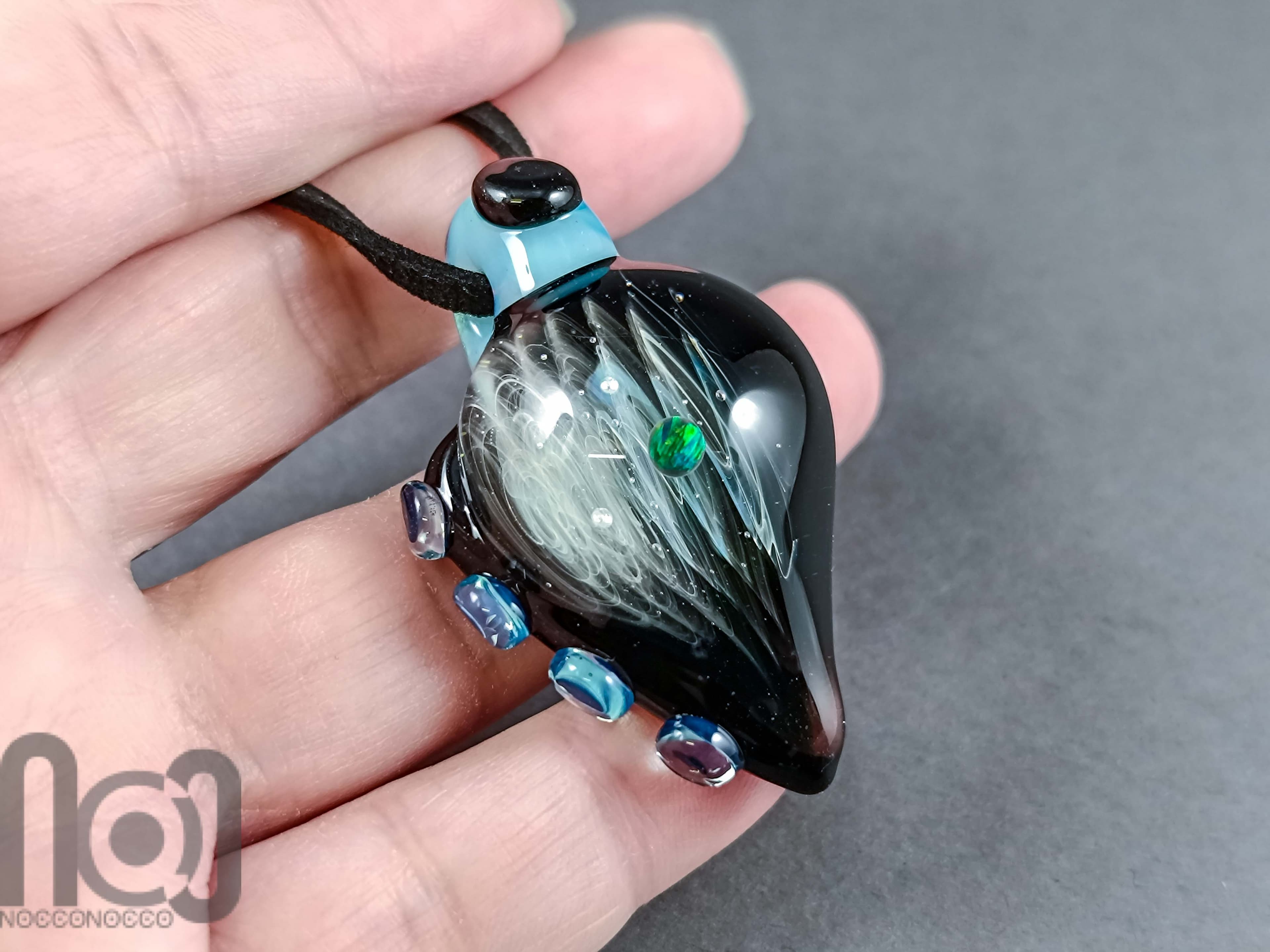 Galaxy Glass Pendant with Floating Opal, v339 — handmade borosilicate glass by NoccoNocco, detail view 4 of 4, made in Greece