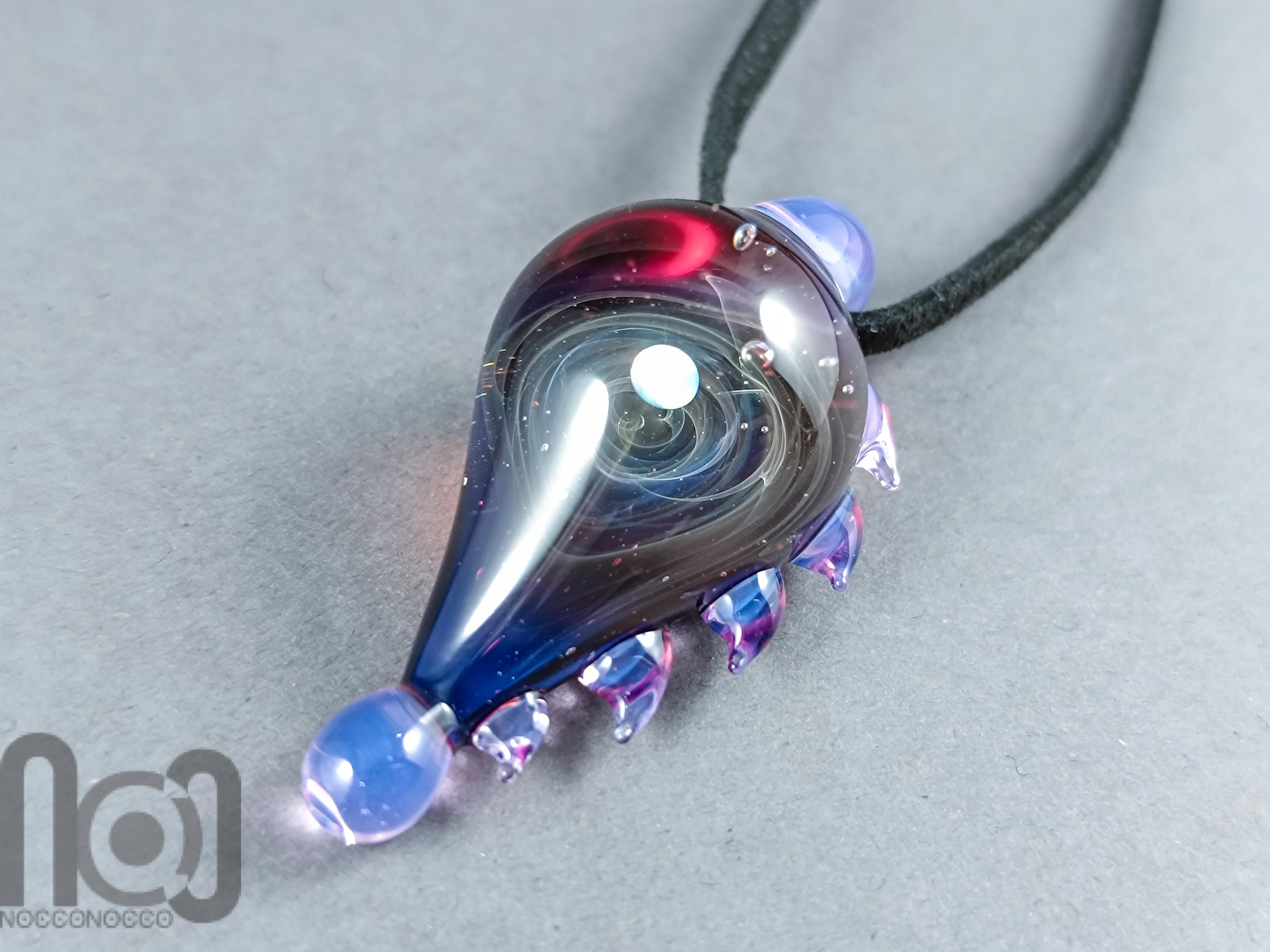 Galaxy Glass Pendant with Floating Opal, v340 — handmade borosilicate glass by NoccoNocco, main view, made in Greece
