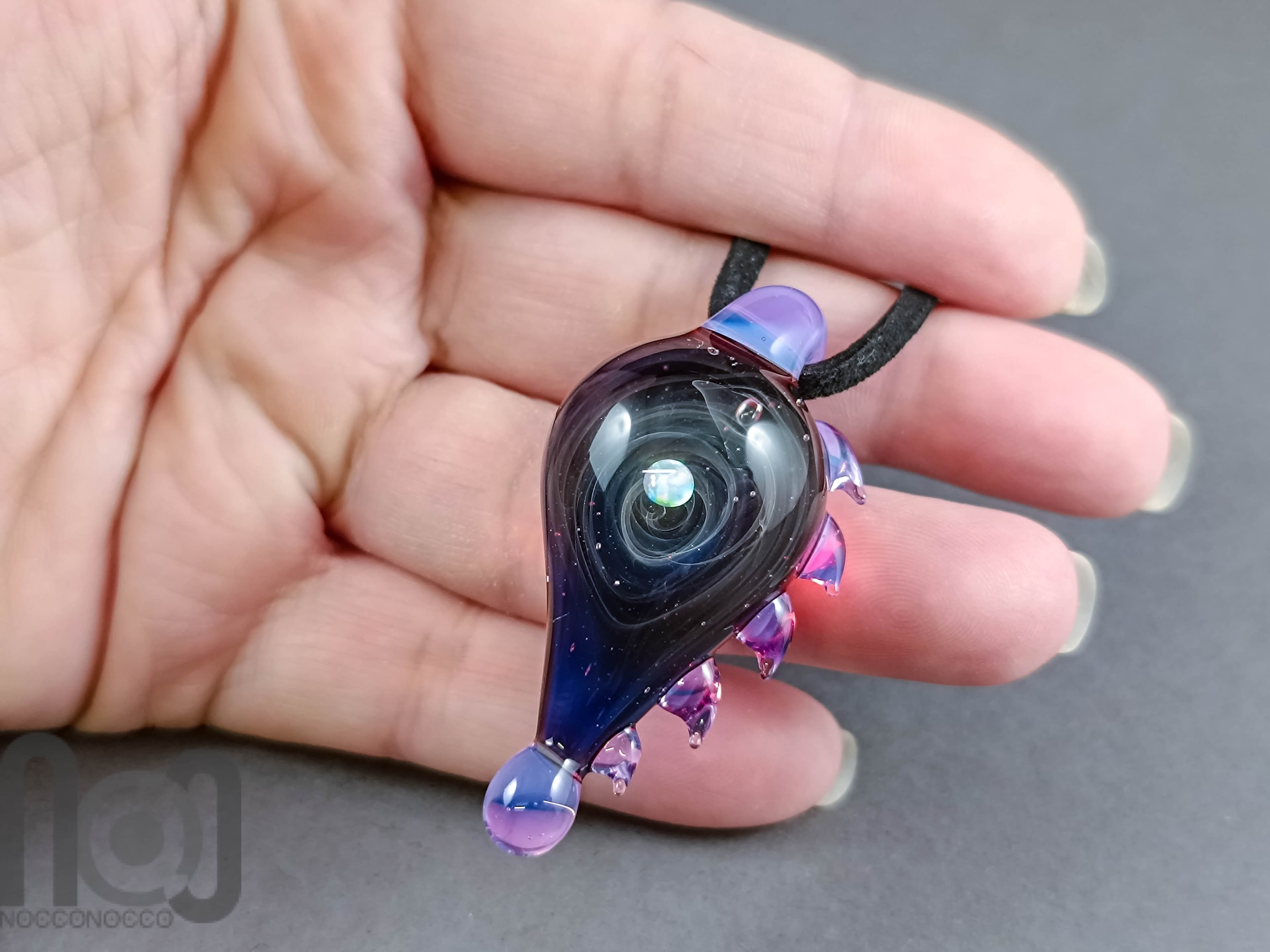 Galaxy Glass Pendant with Floating Opal, v340 — handmade borosilicate glass by NoccoNocco, detail view 4 of 4, made in Greece
