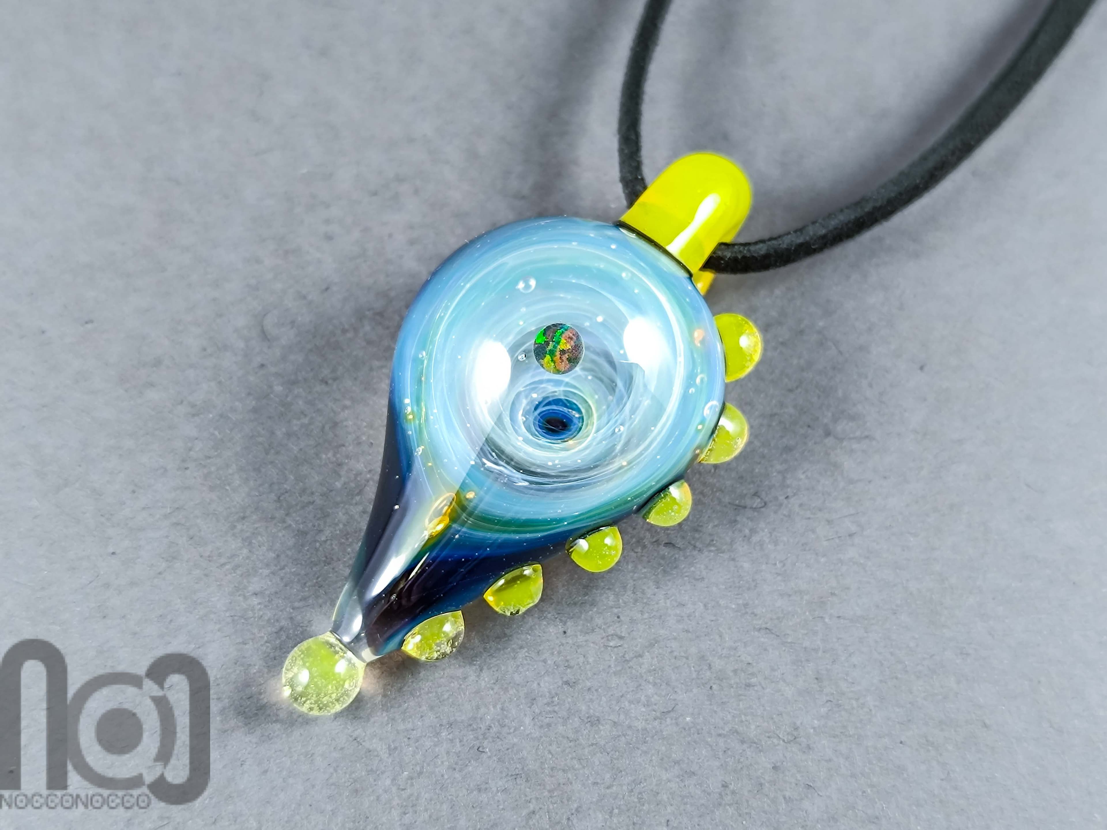 Galaxy Glass Pendant with Floating Opal, v342 — handmade borosilicate glass by NoccoNocco, main view, made in Greece