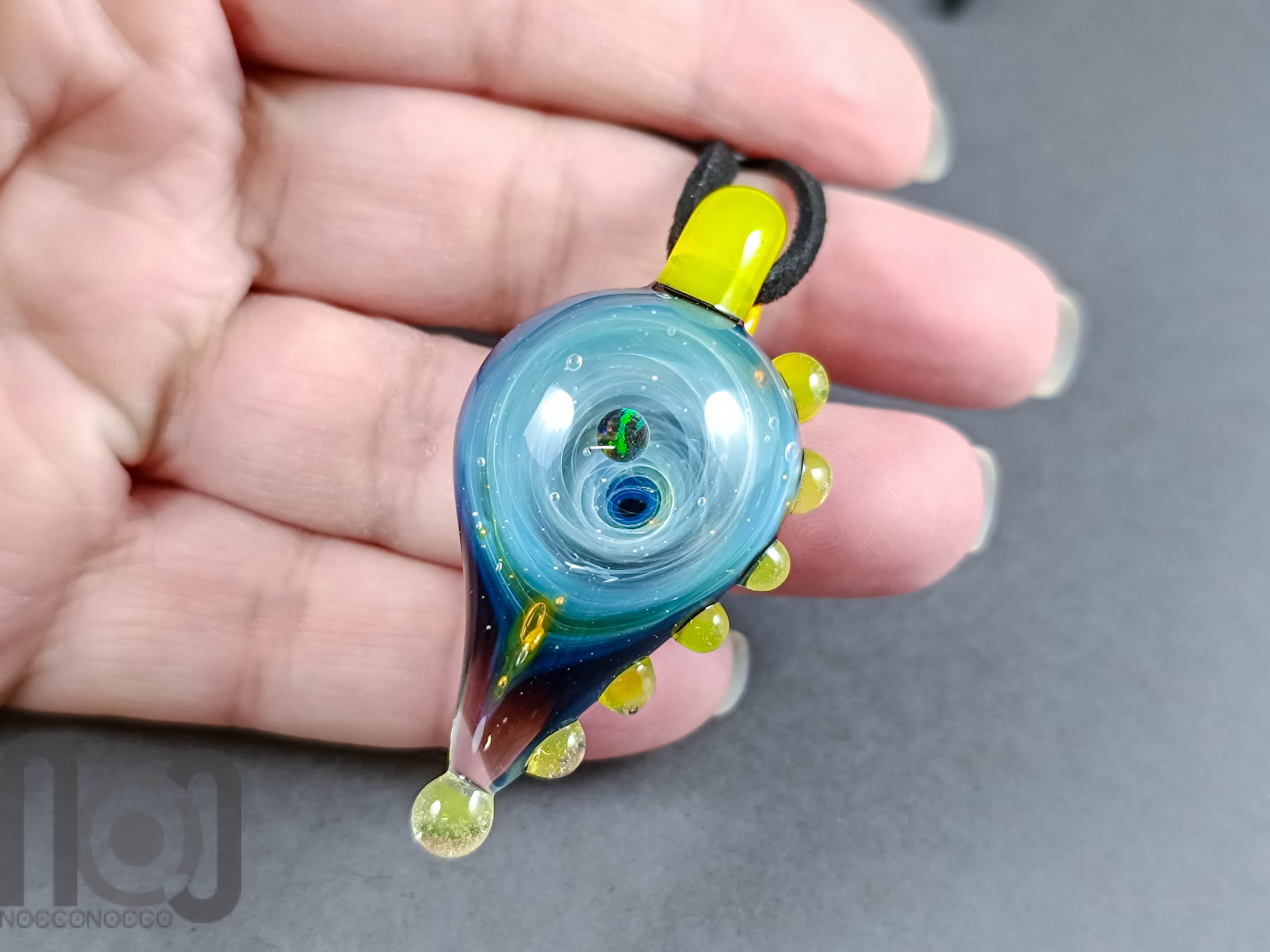 Galaxy Glass Pendant with Floating Opal, v342 — handmade borosilicate glass by NoccoNocco, detail view 4 of 4, made in Greece