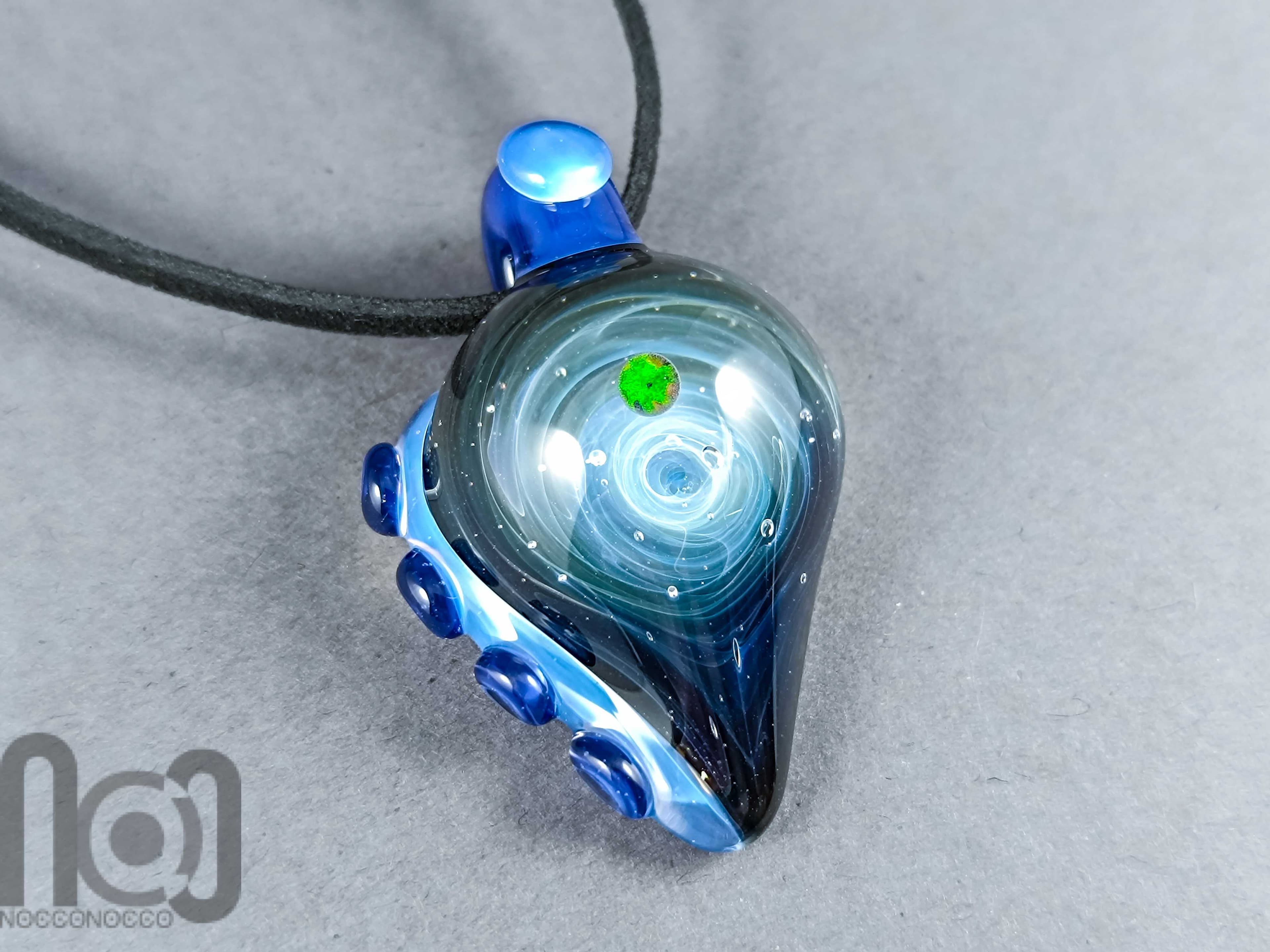 Galaxy Glass Pendant with Floating Opal, v336 — handmade borosilicate glass by NoccoNocco, main view, made in Greece