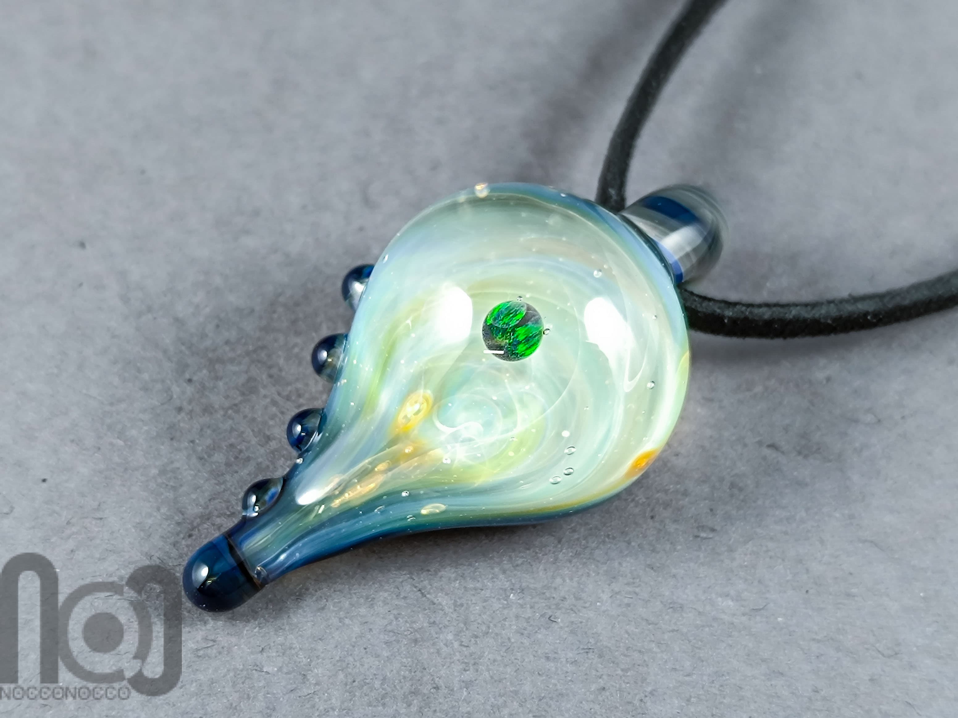 Galaxy Glass Pendant with Floating Opal, v344 — handmade borosilicate glass by NoccoNocco, main view, made in Greece