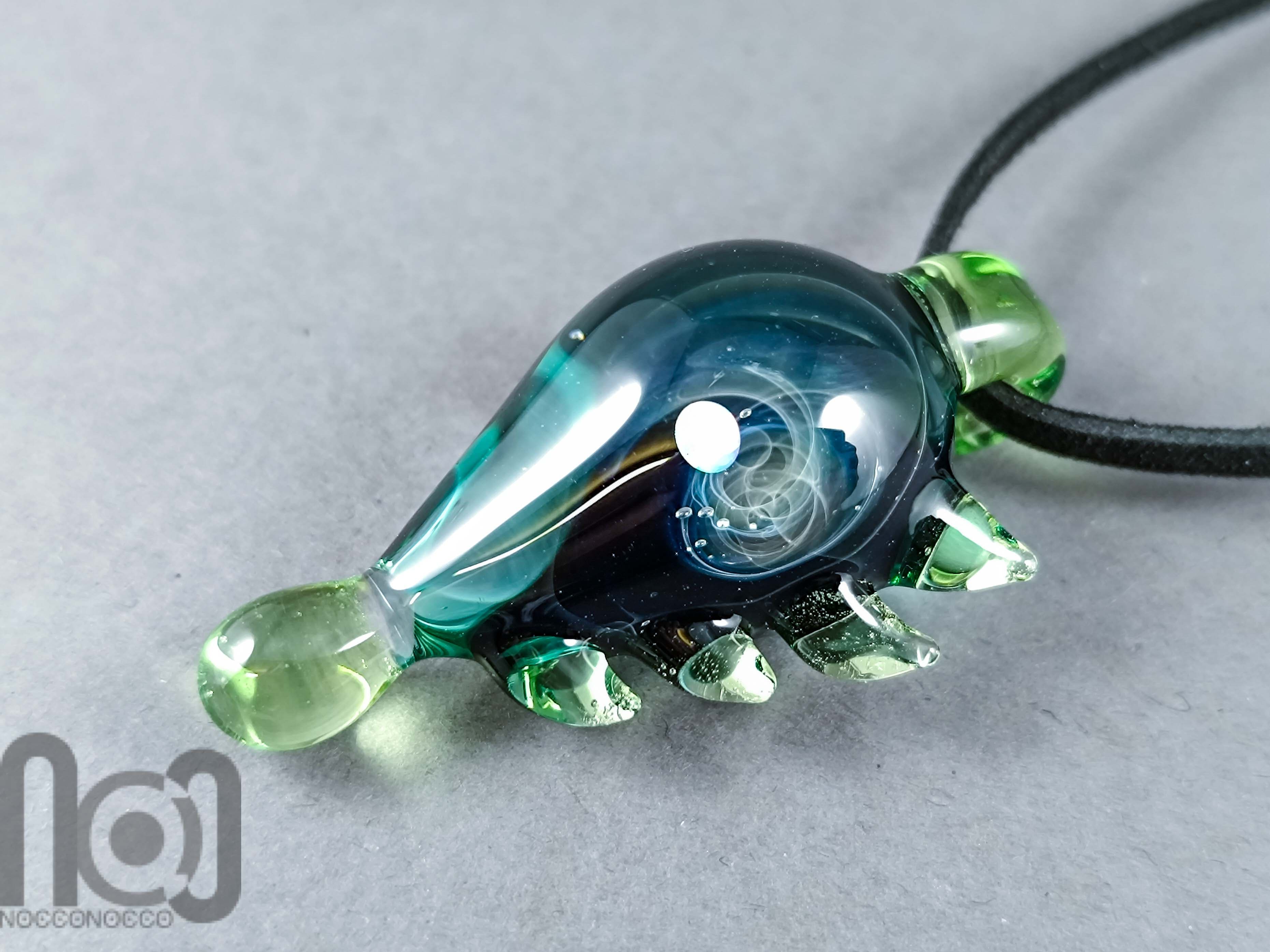 Galaxy Glass Pendant with Floating Opal, v345 — handmade borosilicate glass by NoccoNocco, main view, made in Greece