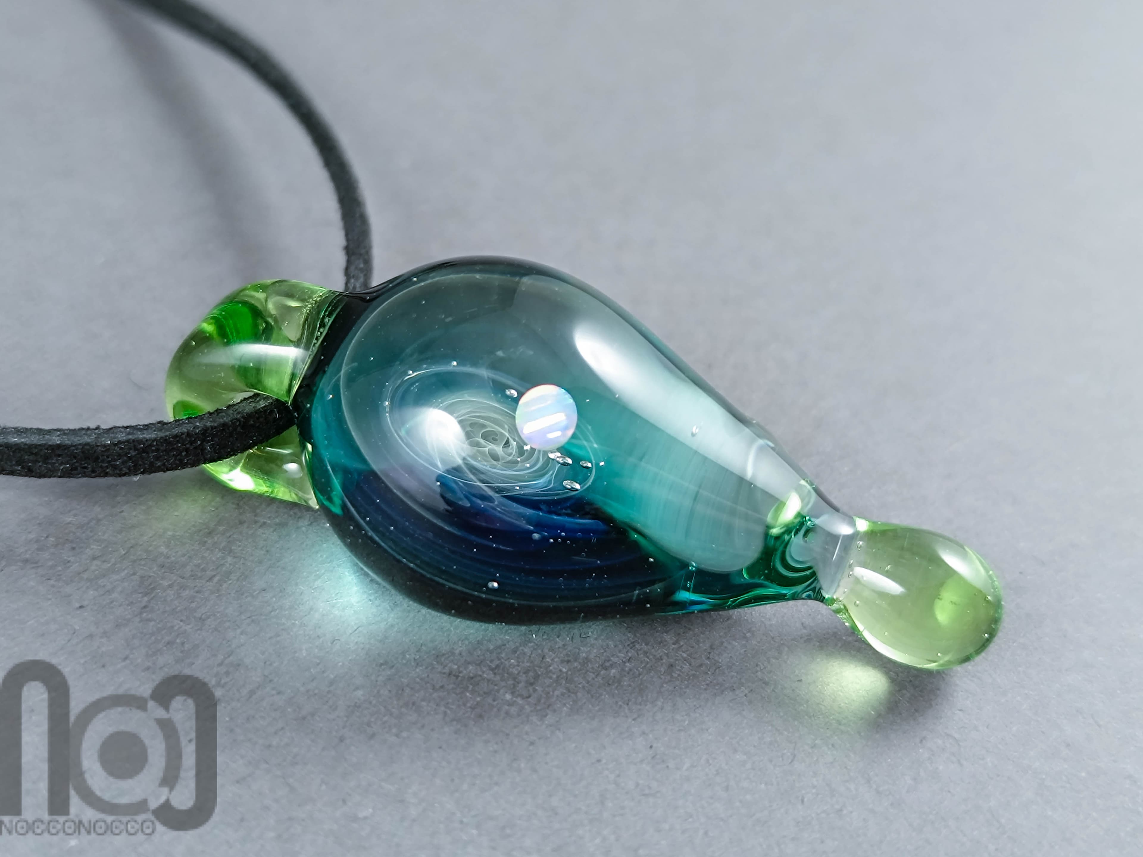 Galaxy Glass Pendant with Floating Opal, v345 — handmade borosilicate glass by NoccoNocco, detail view 3 of 4, made in Greece