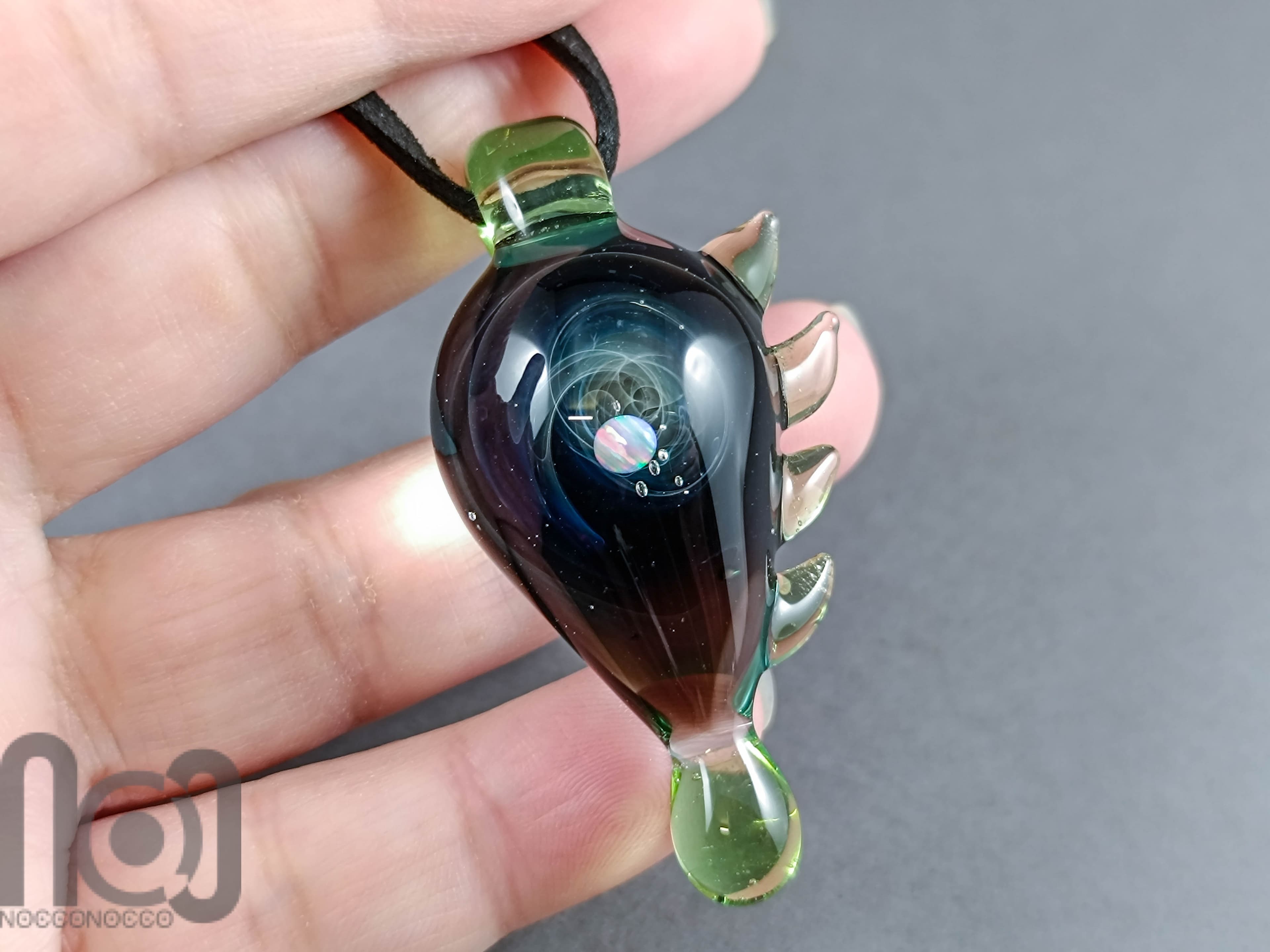Galaxy Glass Pendant with Floating Opal, v345 — handmade borosilicate glass by NoccoNocco, detail view 4 of 4, made in Greece