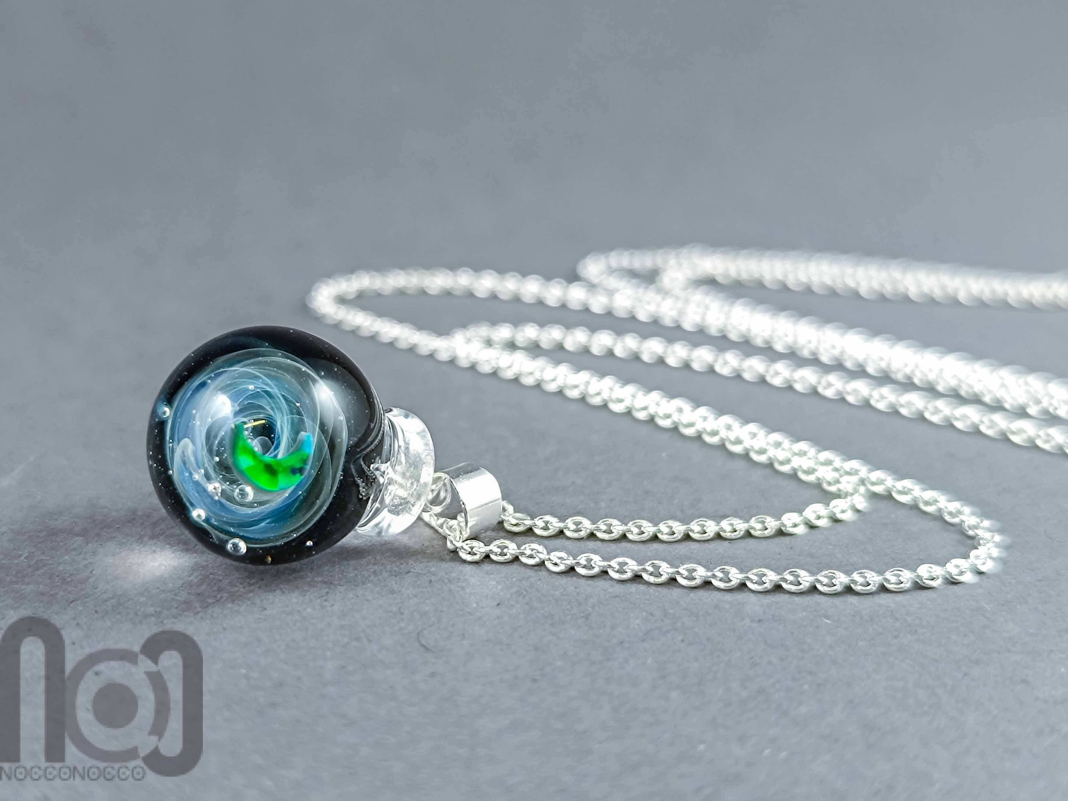 Tiny Galaxy Glass Pendant with Floating Opal, v358 — handmade borosilicate glass by NoccoNocco, main view, made in Greece