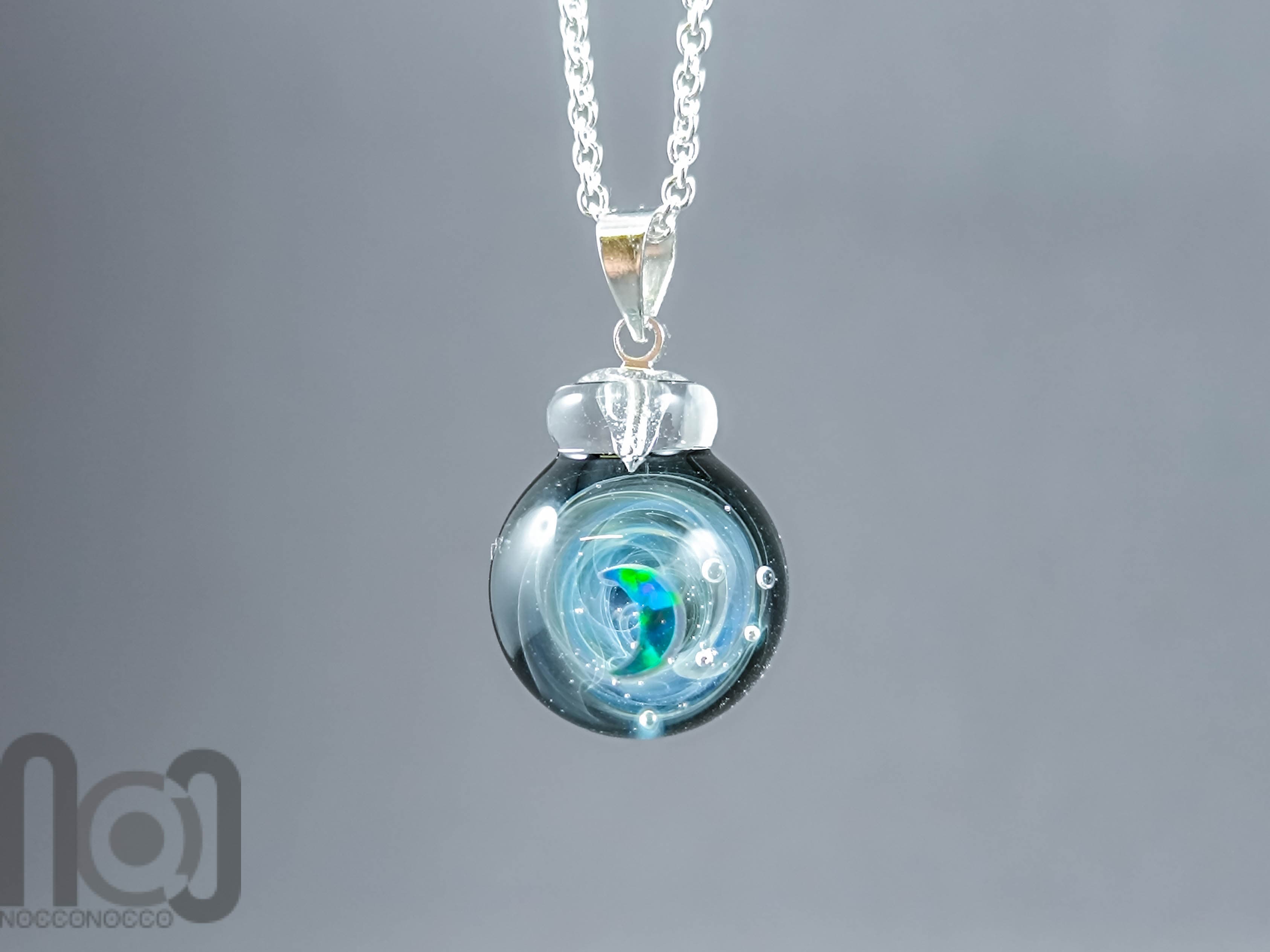 Tiny Galaxy Glass Pendant with Floating Opal, v358 — handmade borosilicate glass by NoccoNocco, detail view 2 of 3, made in Greece