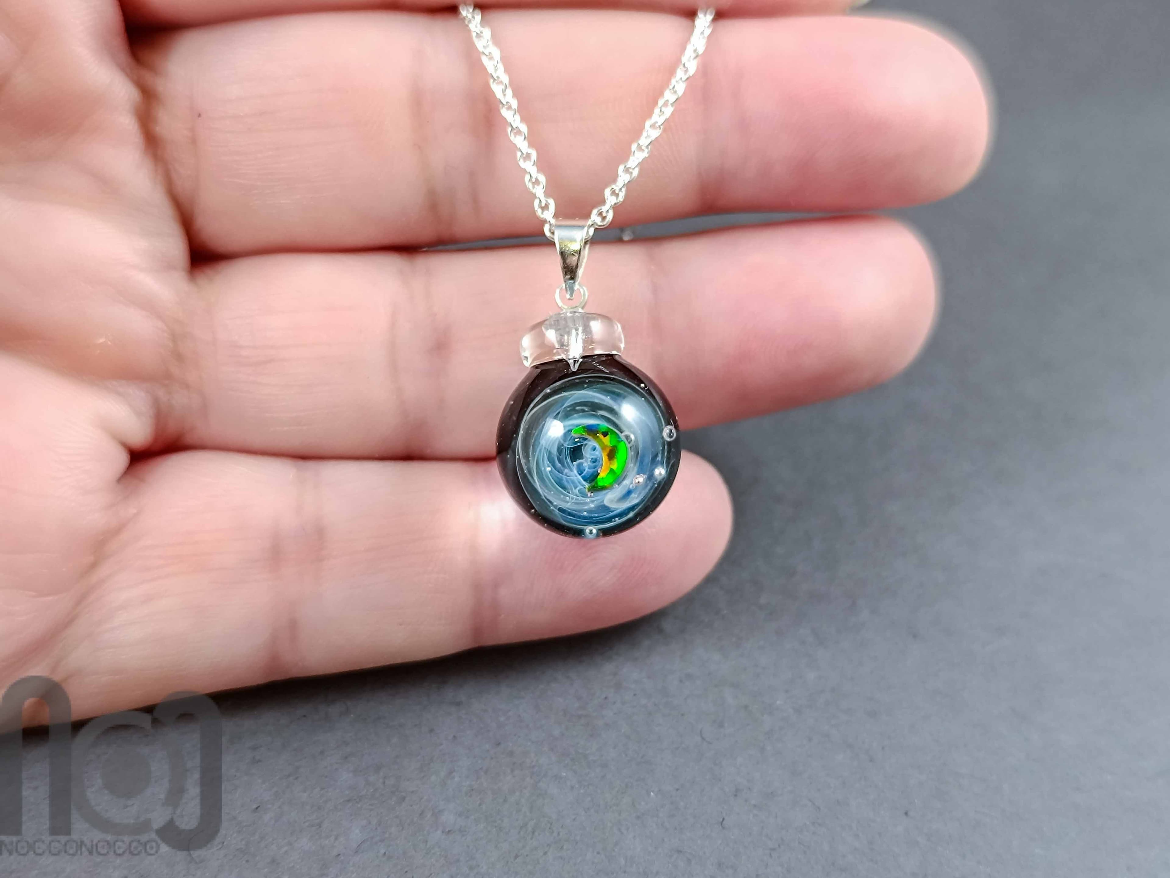 Tiny Galaxy Glass Pendant with Floating Opal, v358 — handmade borosilicate glass by NoccoNocco, detail view 3 of 3, made in Greece
