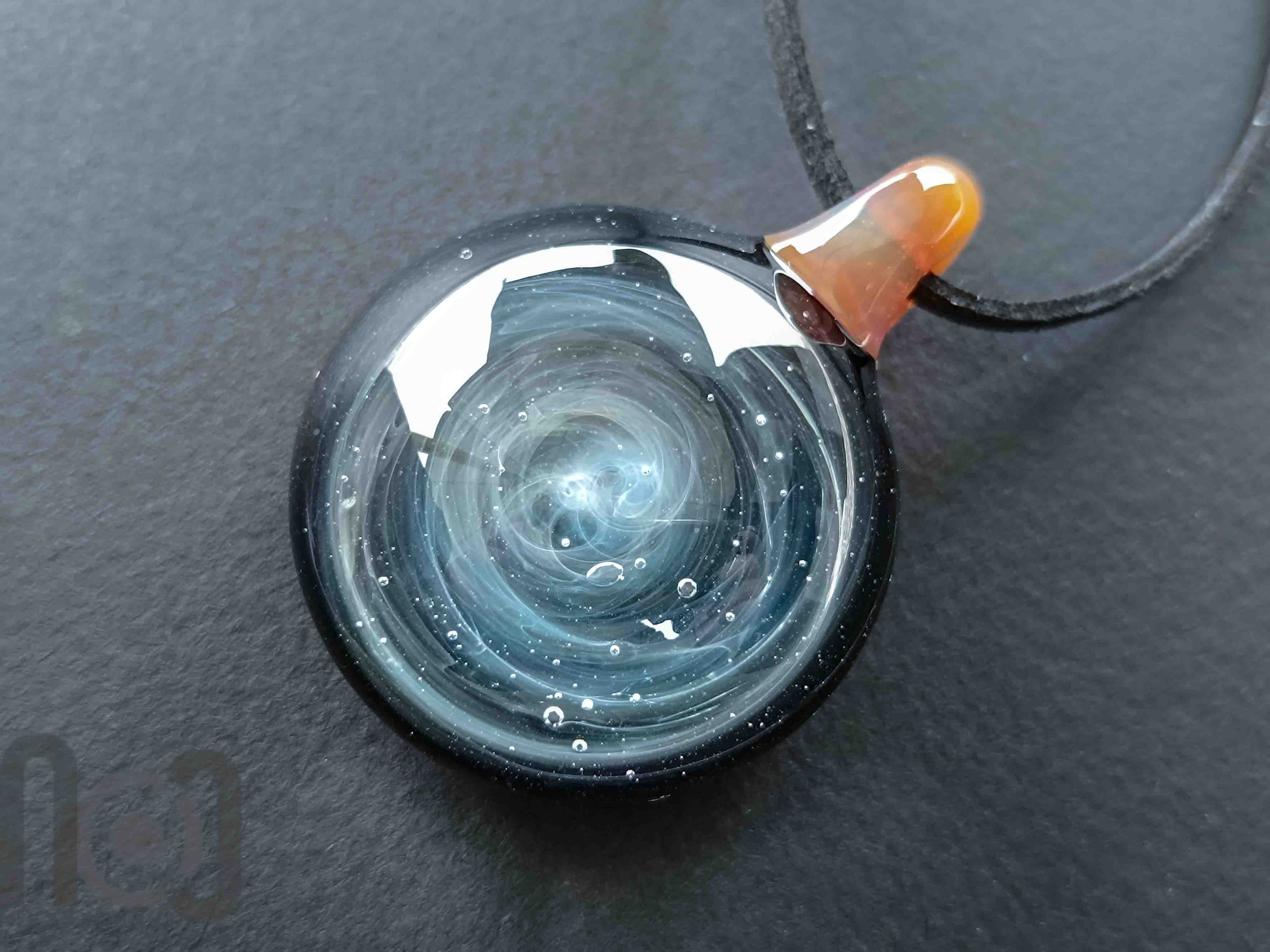 Handmade Fine Silver-Fumed Galaxy Glass Pendant, v382 — handmade borosilicate glass by NoccoNocco, main view, made in Greece