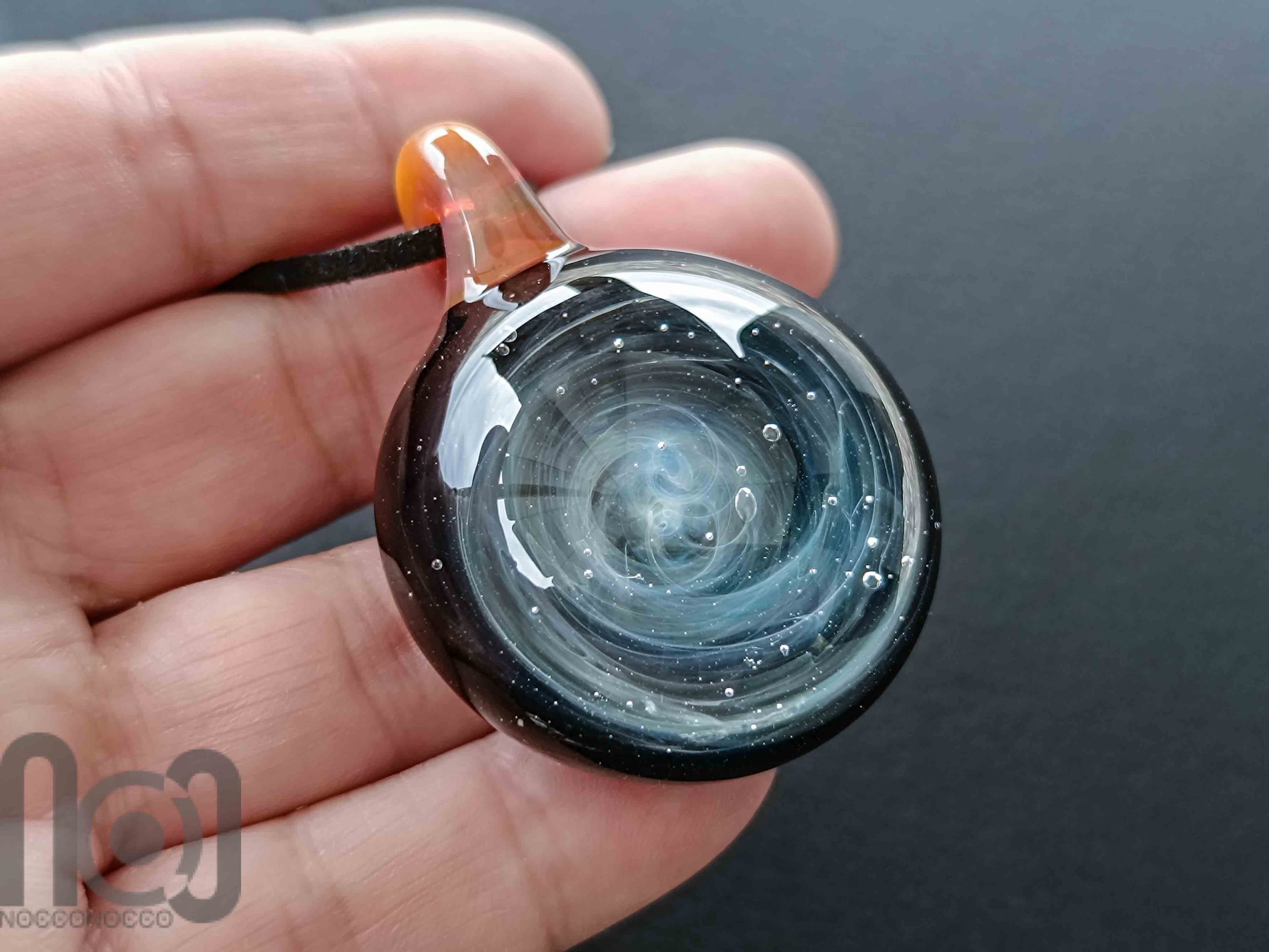 Handmade Fine Silver-Fumed Galaxy Glass Pendant, v382 — handmade borosilicate glass by NoccoNocco, detail view 3 of 3, made in Greece