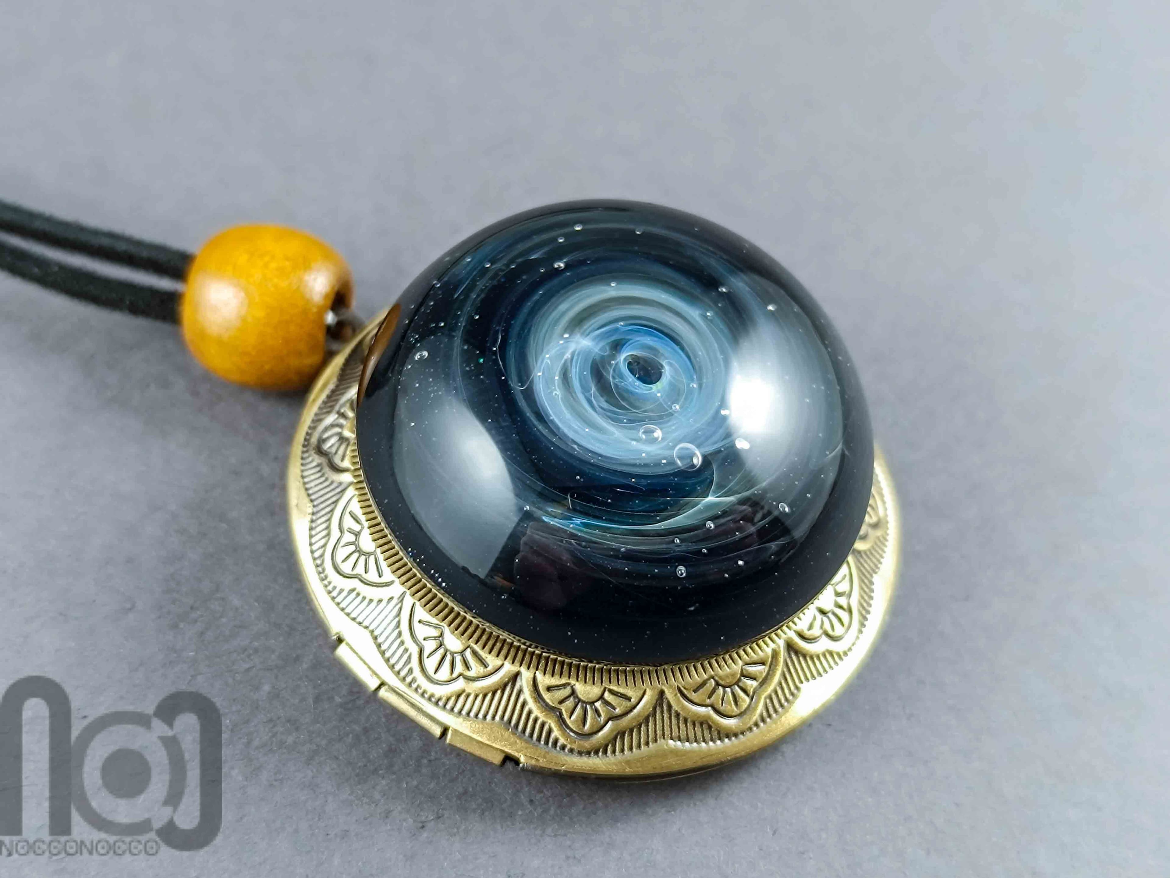 Silver-Fumed Galaxy Glass Pendant on Bronze Locket, v384 — handmade borosilicate glass by NoccoNocco, detail view 2 of 2, made in Greece