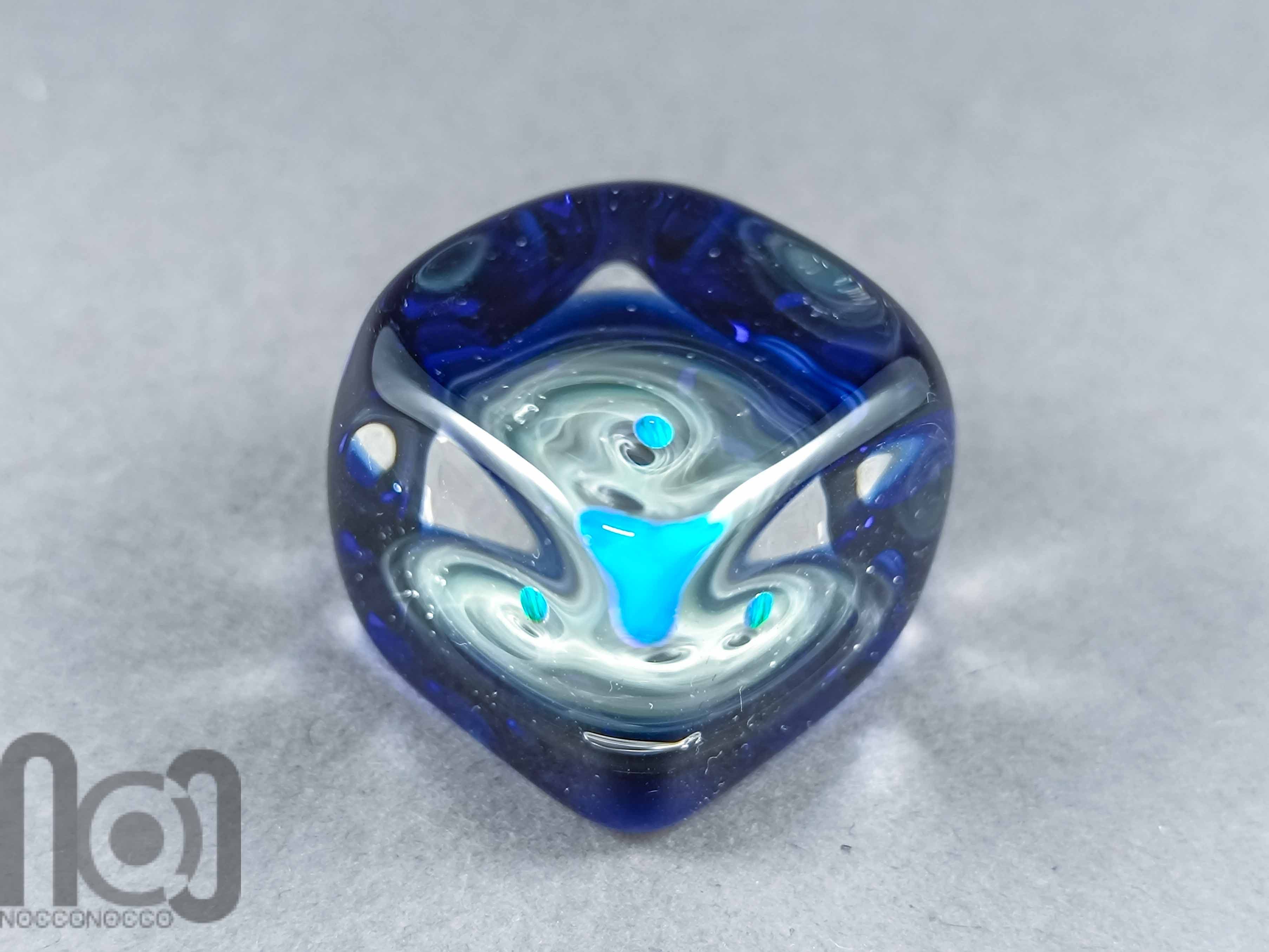 Ice-Cube Glass Galaxy Marble with Floating Opal Planet, v586 — handmade borosilicate glass by NoccoNocco, main view, made in Greece