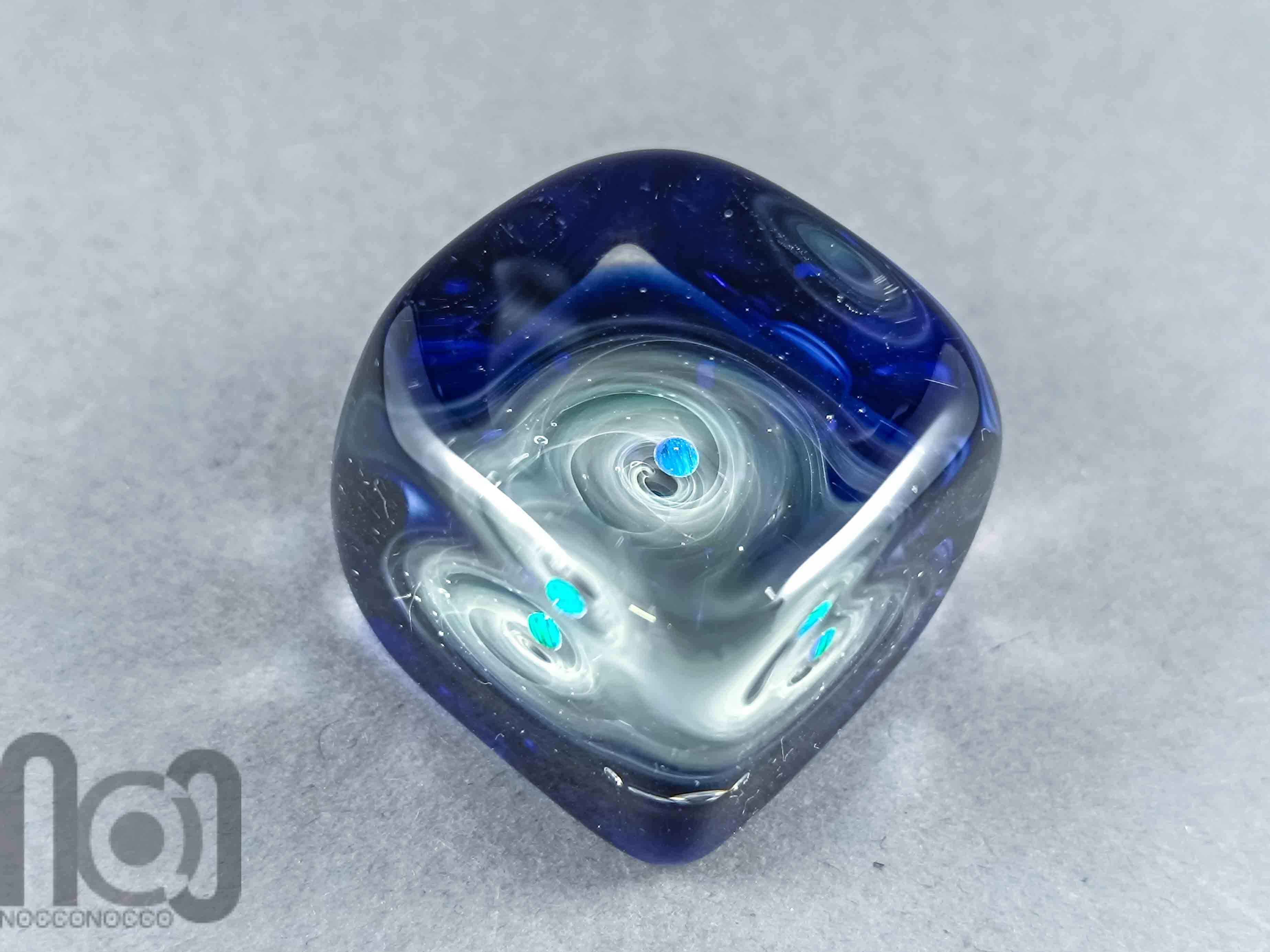 Ice-Cube Glass Galaxy Marble with Floating Opal Planet, v586 — handmade borosilicate glass by NoccoNocco, detail view 2 of 6, made in Greece