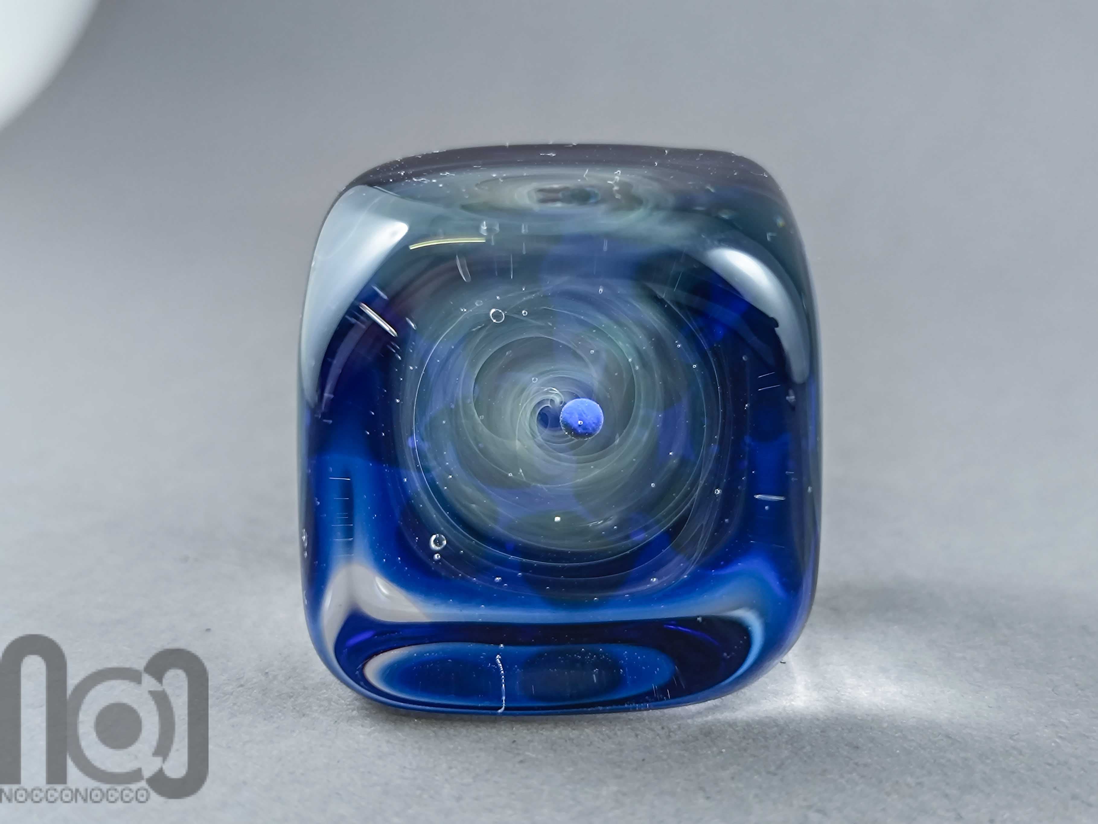 Ice-Cube Glass Galaxy Marble with Floating Opal Planet, v586 — handmade borosilicate glass by NoccoNocco, detail view 4 of 6, made in Greece