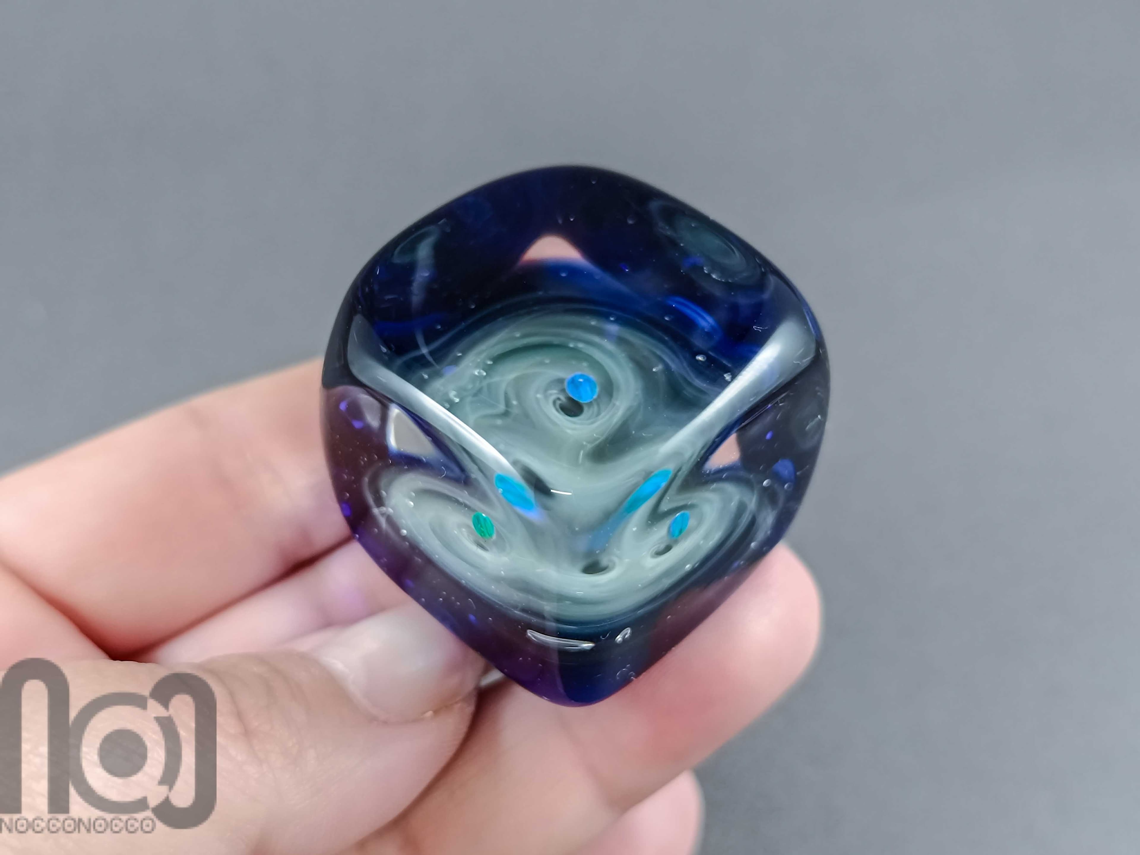 Ice-Cube Glass Galaxy Marble with Floating Opal Planet, v586 — handmade borosilicate glass by NoccoNocco, detail view 6 of 6, made in Greece