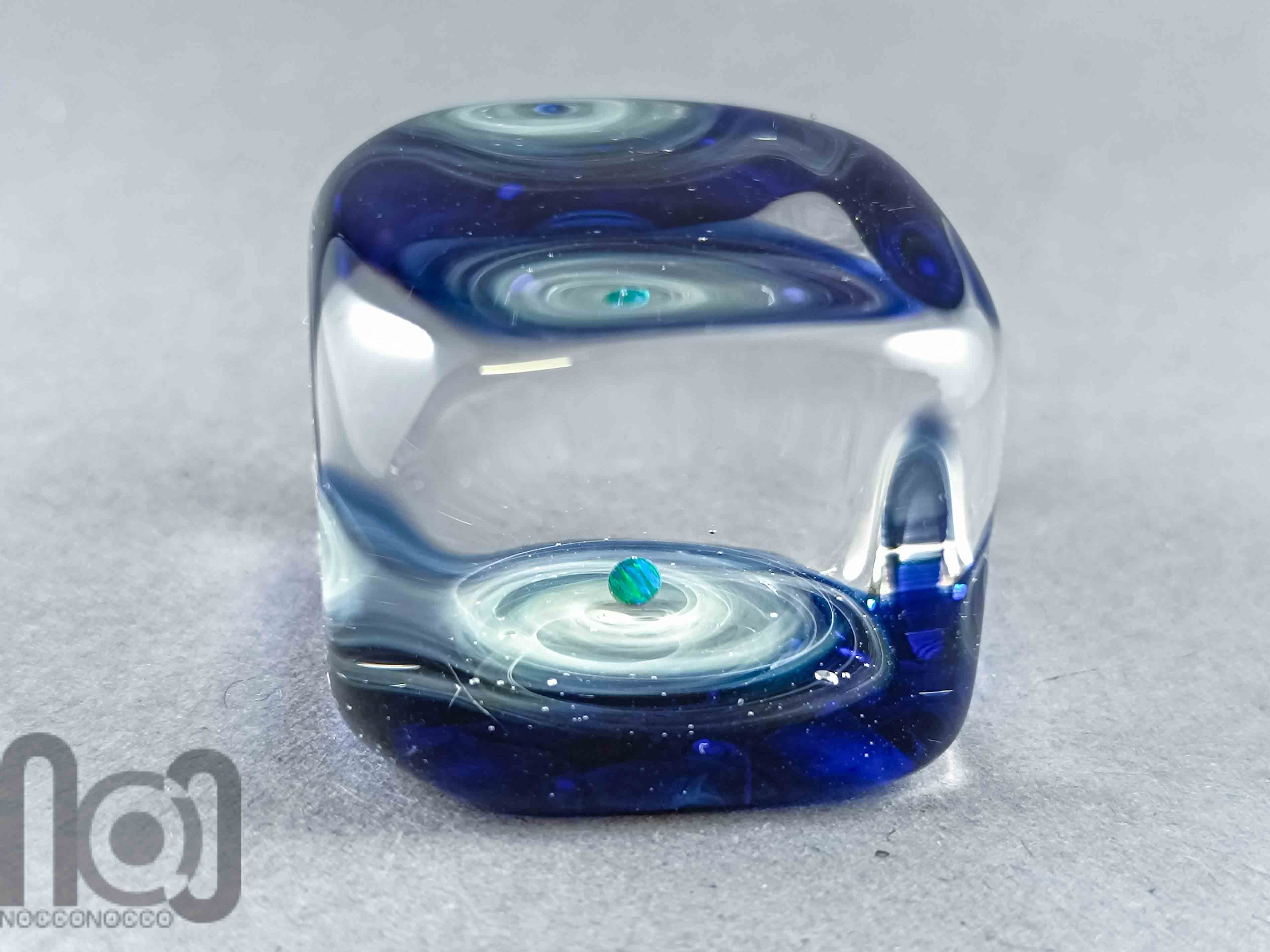 Ice-Cube Glass Galaxy Marble with Floating Opal Planet, v586 — handmade borosilicate glass by NoccoNocco, detail view 3 of 6, made in Greece