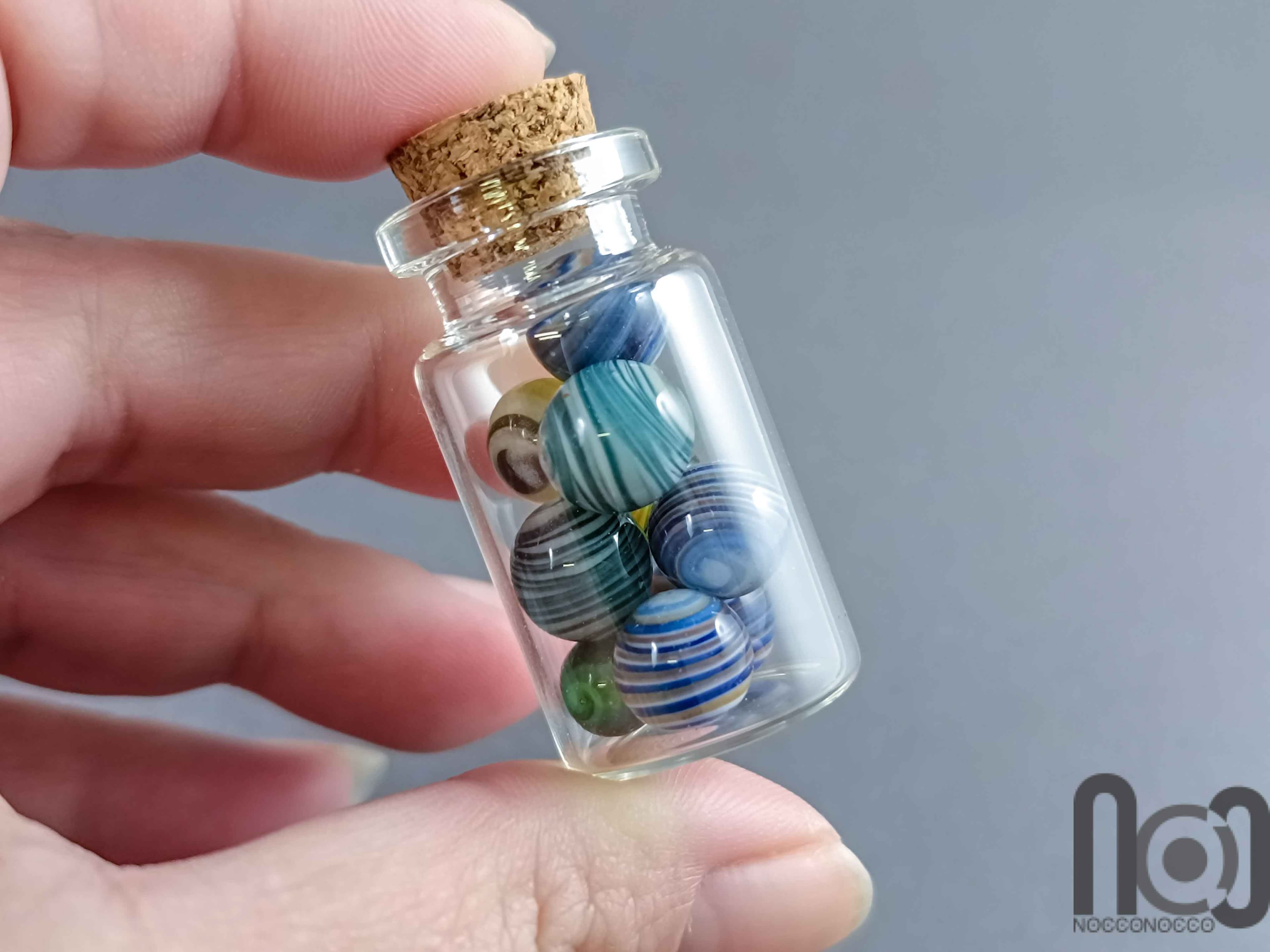 Mini Glass Vial with Handmade Tiny Marbles, v589 — handmade borosilicate glass by NoccoNocco, detail view 3 of 6, made in Greece