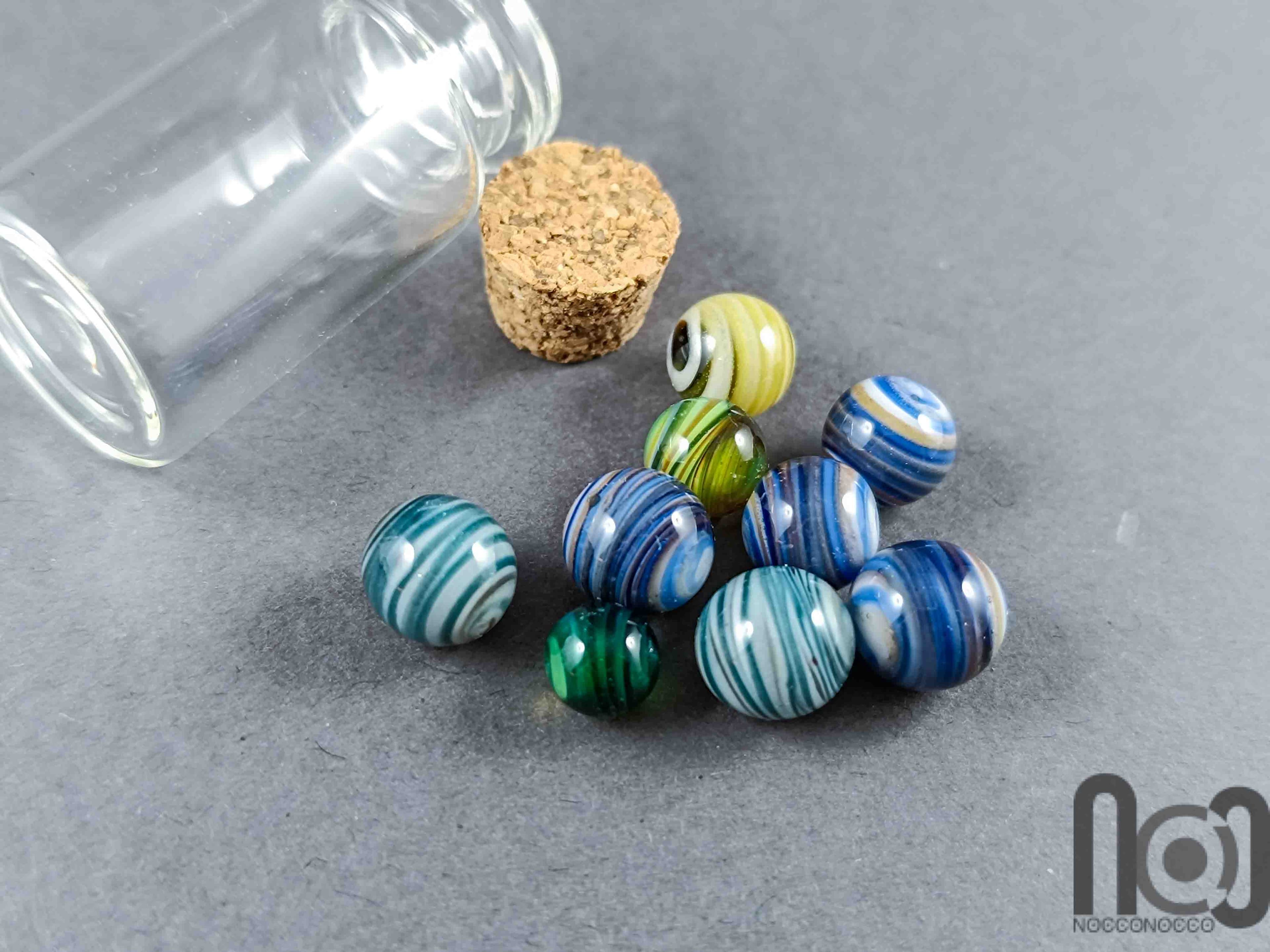 Mini Glass Vial with Handmade Tiny Marbles, v589 — handmade borosilicate glass by NoccoNocco, detail view 4 of 6, made in Greece