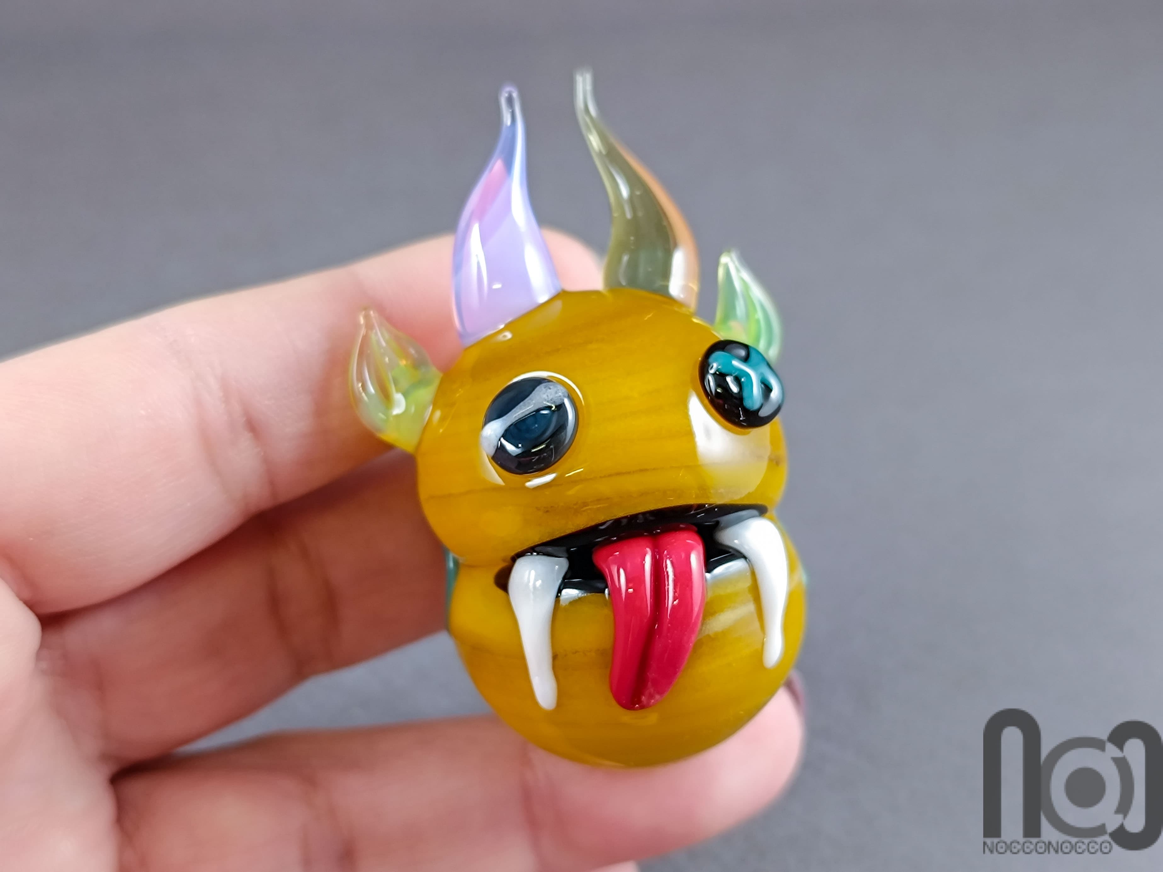Handmade Glass Monster Marble – Yellow Edition, v599 — handmade borosilicate glass by NoccoNocco, detail view 5 of 5, made in Greece