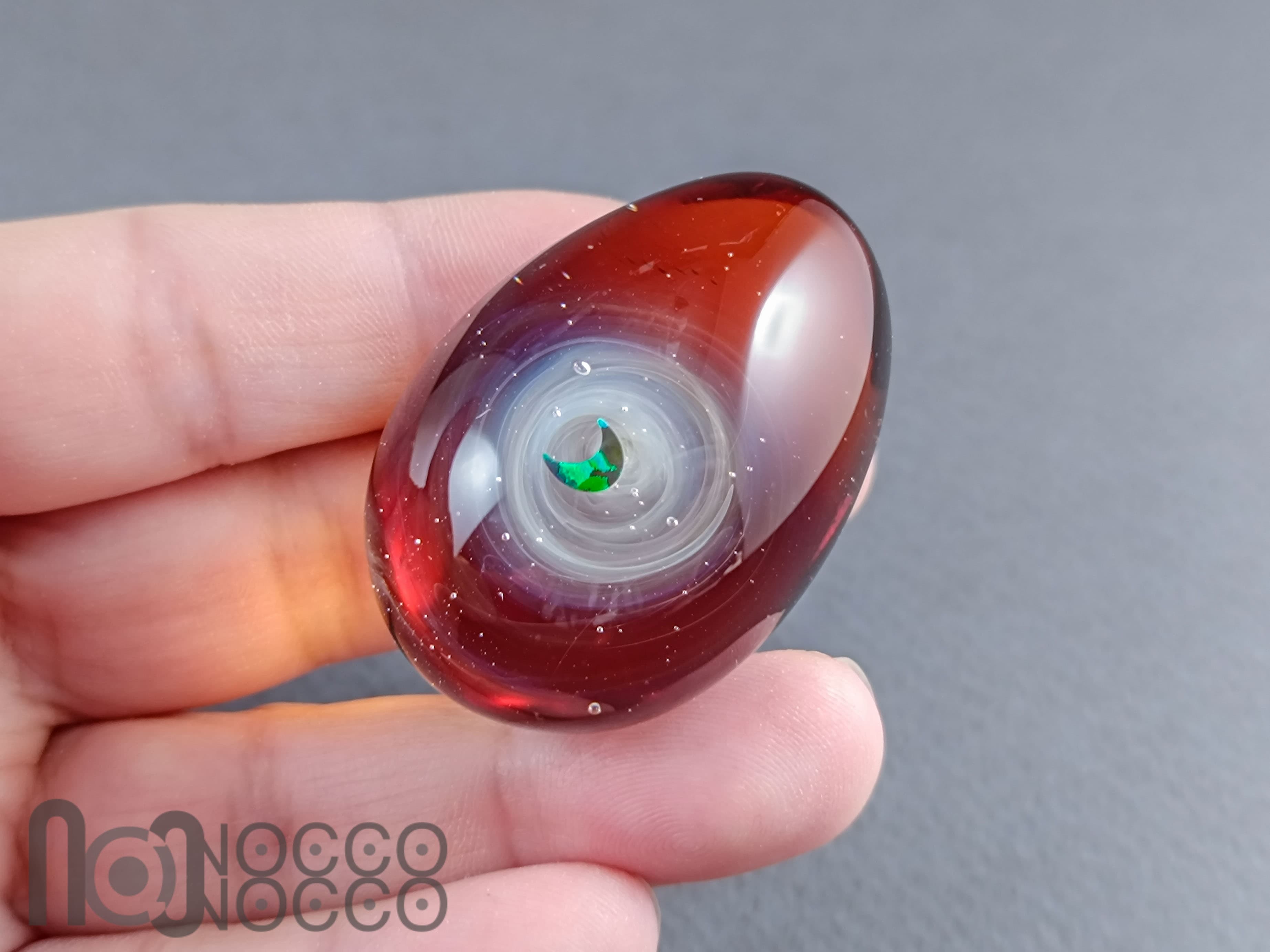 Handmade Glass Galaxy Egg with Opal Planet, v604 — handmade borosilicate glass by NoccoNocco, detail view 4 of 4, made in Greece