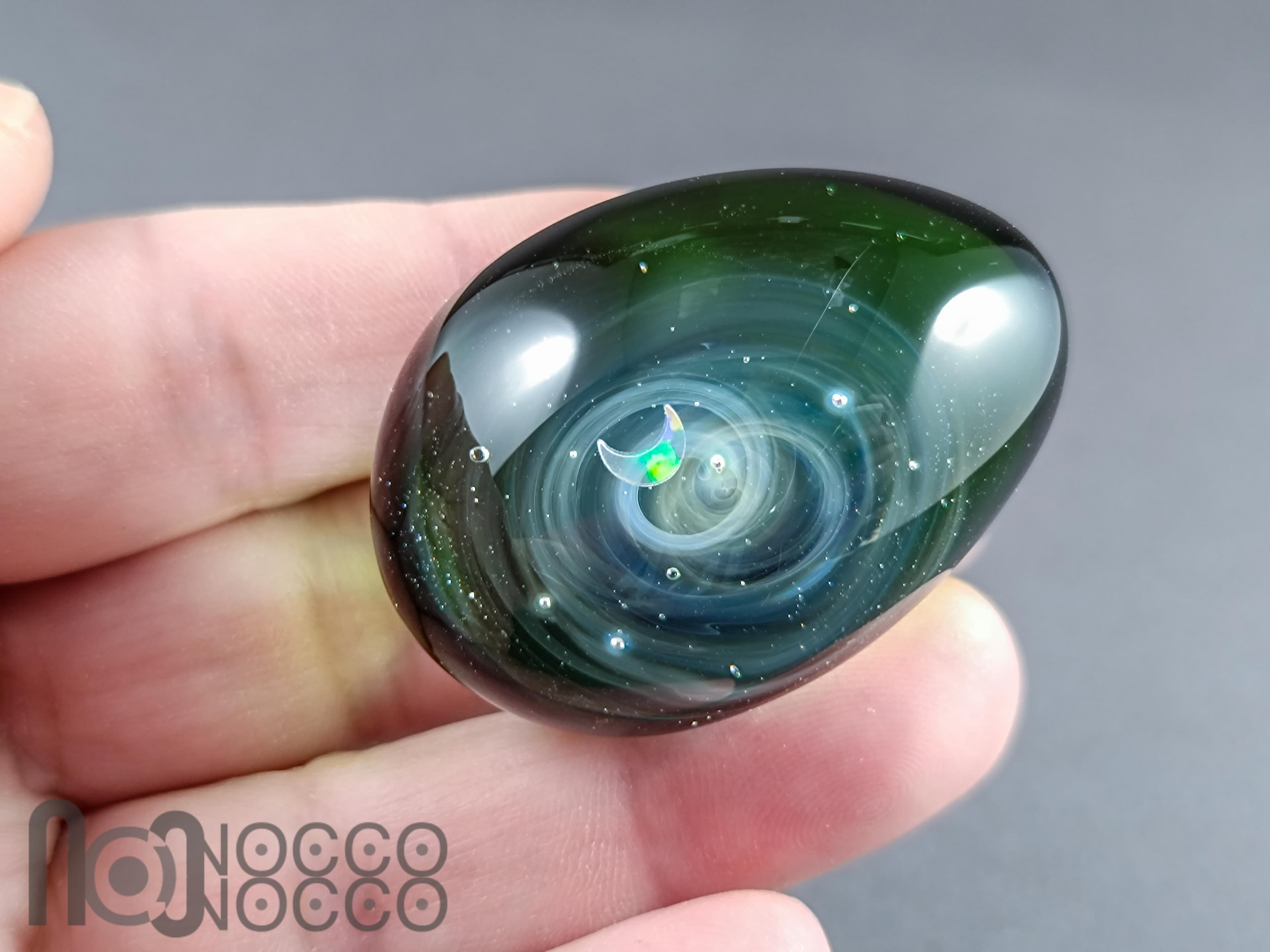 Handmade Glass Galaxy Egg with Opal Planet, v608 — handmade borosilicate glass by NoccoNocco, detail view 3 of 3, made in Greece
