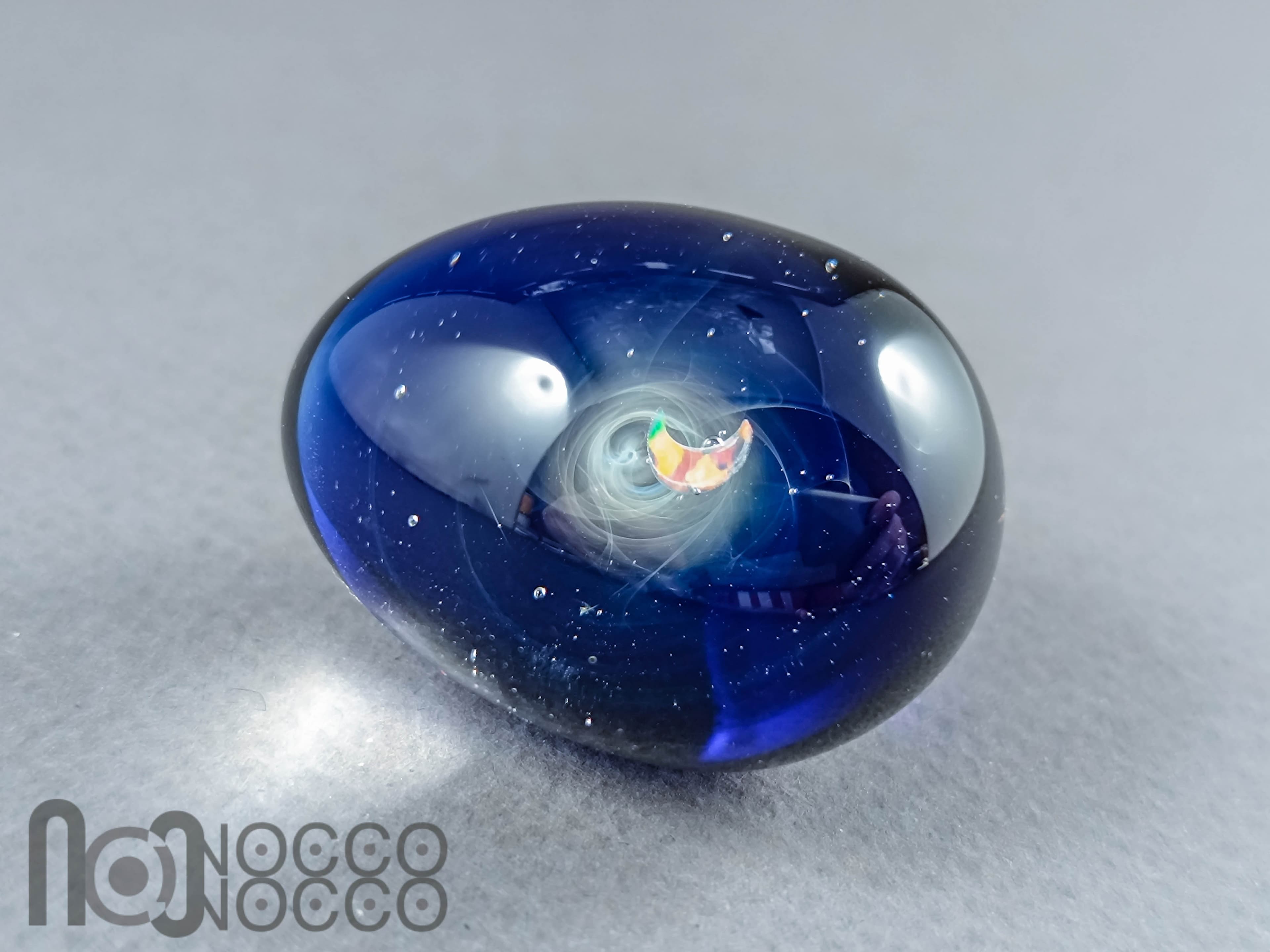 Handmade Glass Galaxy Egg with Opal Planet, v609 — handmade borosilicate glass by NoccoNocco, detail view 3 of 4, made in Greece