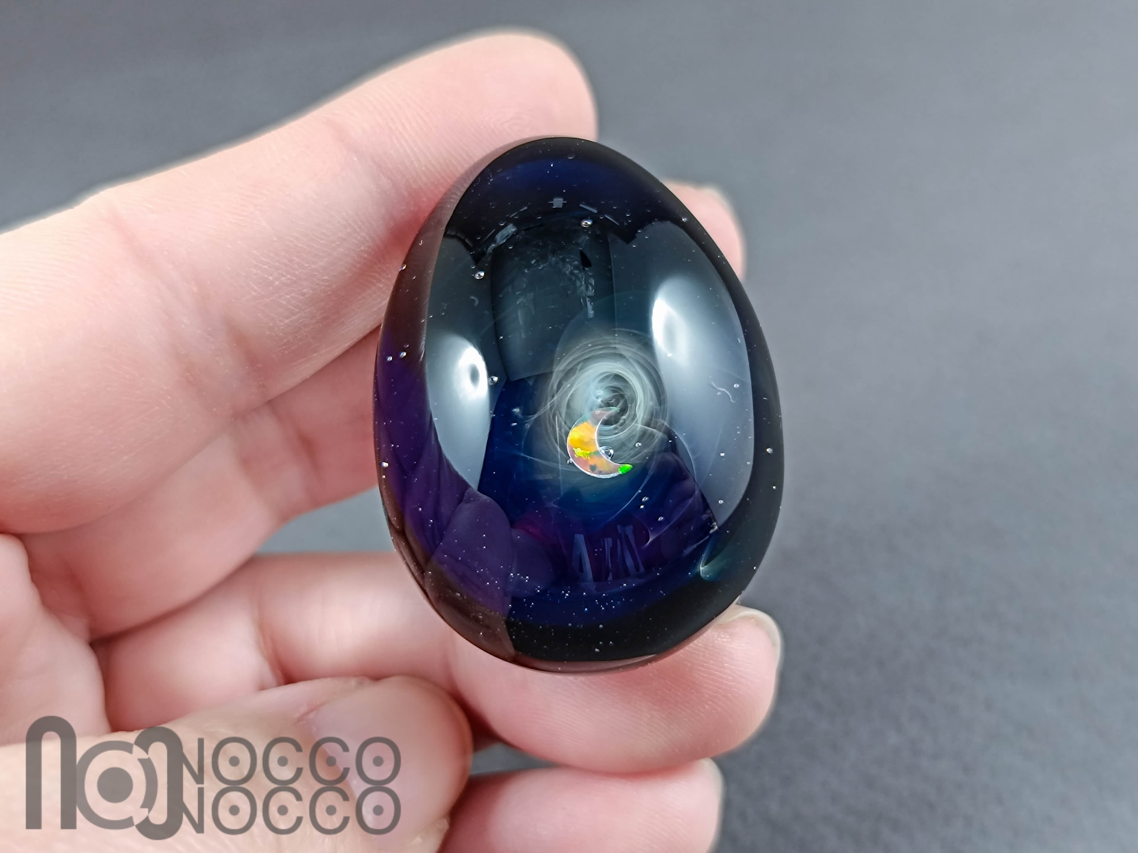Handmade Glass Galaxy Egg with Opal Planet, v609 — handmade borosilicate glass by NoccoNocco, detail view 4 of 4, made in Greece
