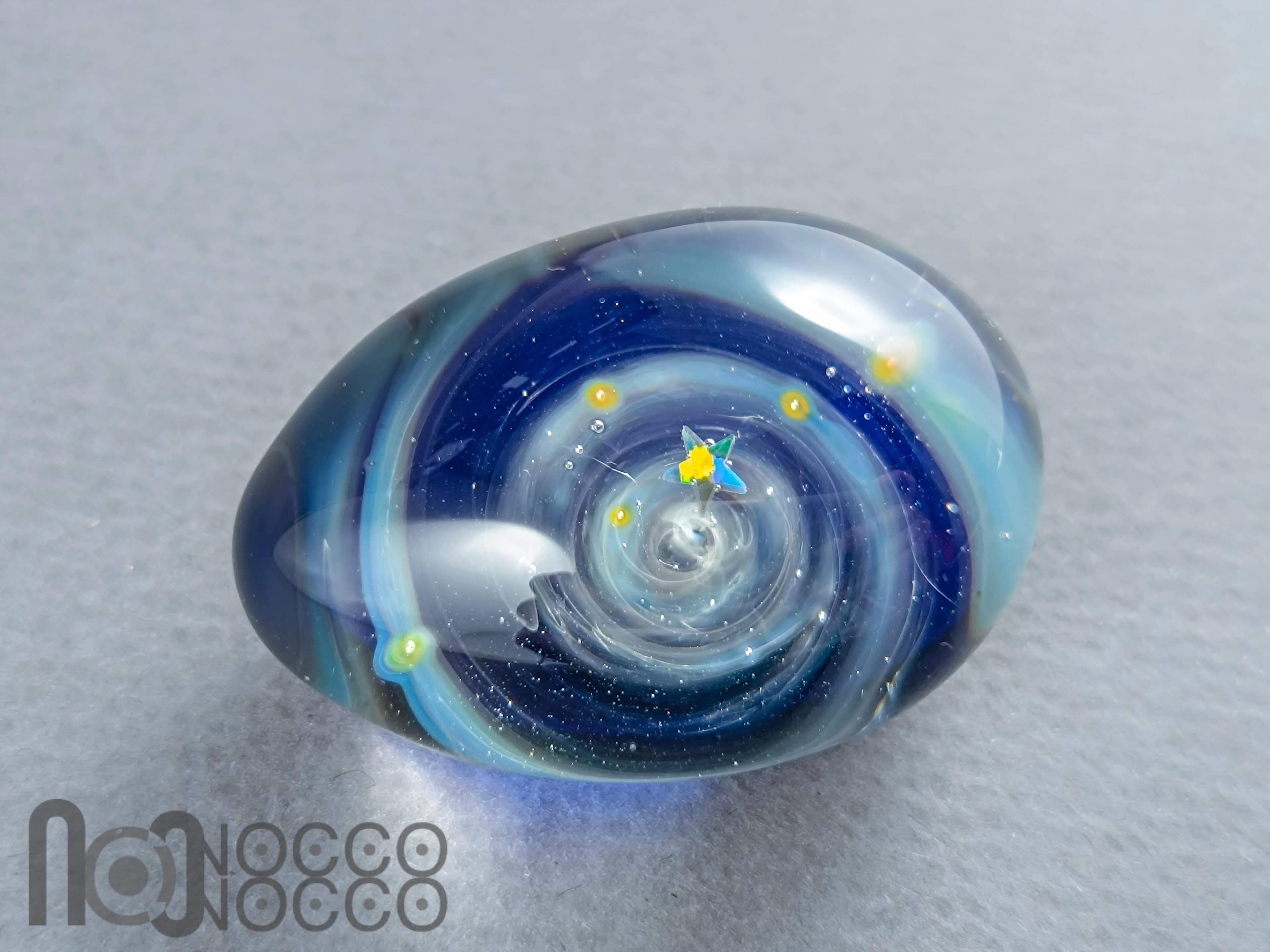Handmade Glass Galaxy Egg with Opal Planet, v607 — handmade borosilicate glass by NoccoNocco, main view, made in Greece