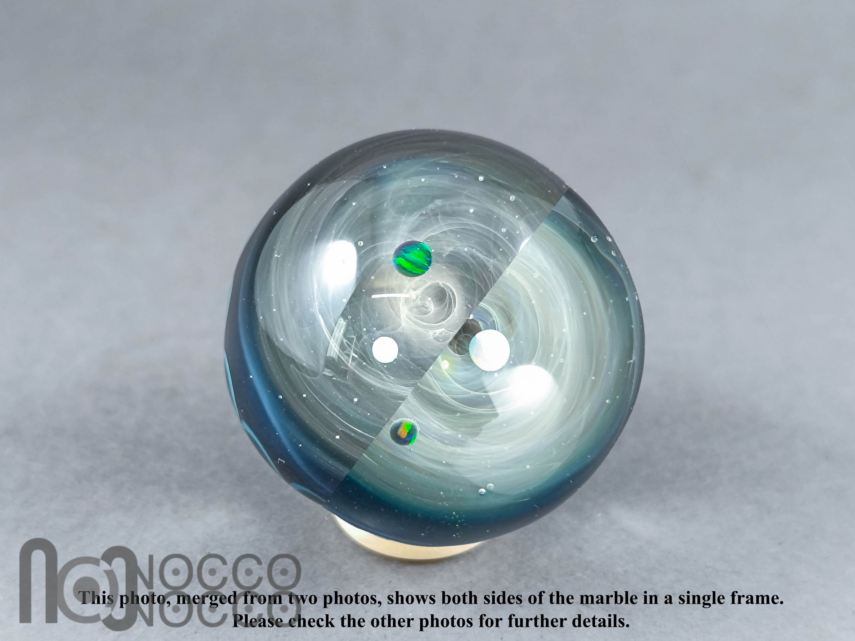 Double Sided Galaxy Marble with 4 Floating Opal Planets, v532 — handmade borosilicate glass by NoccoNocco, main view, made in Greece
