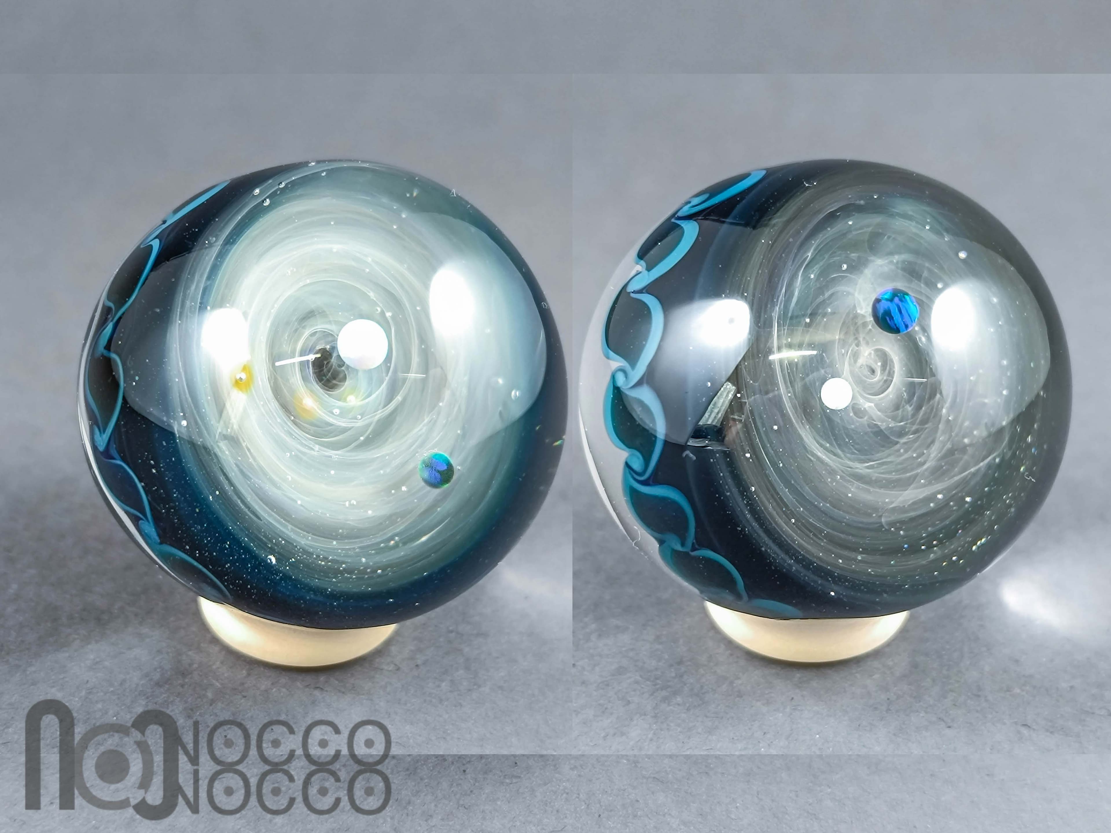 Double Sided Galaxy Marble with 4 Floating Opal Planets, v532 — handmade borosilicate glass by NoccoNocco, detail view 2 of 6, made in Greece