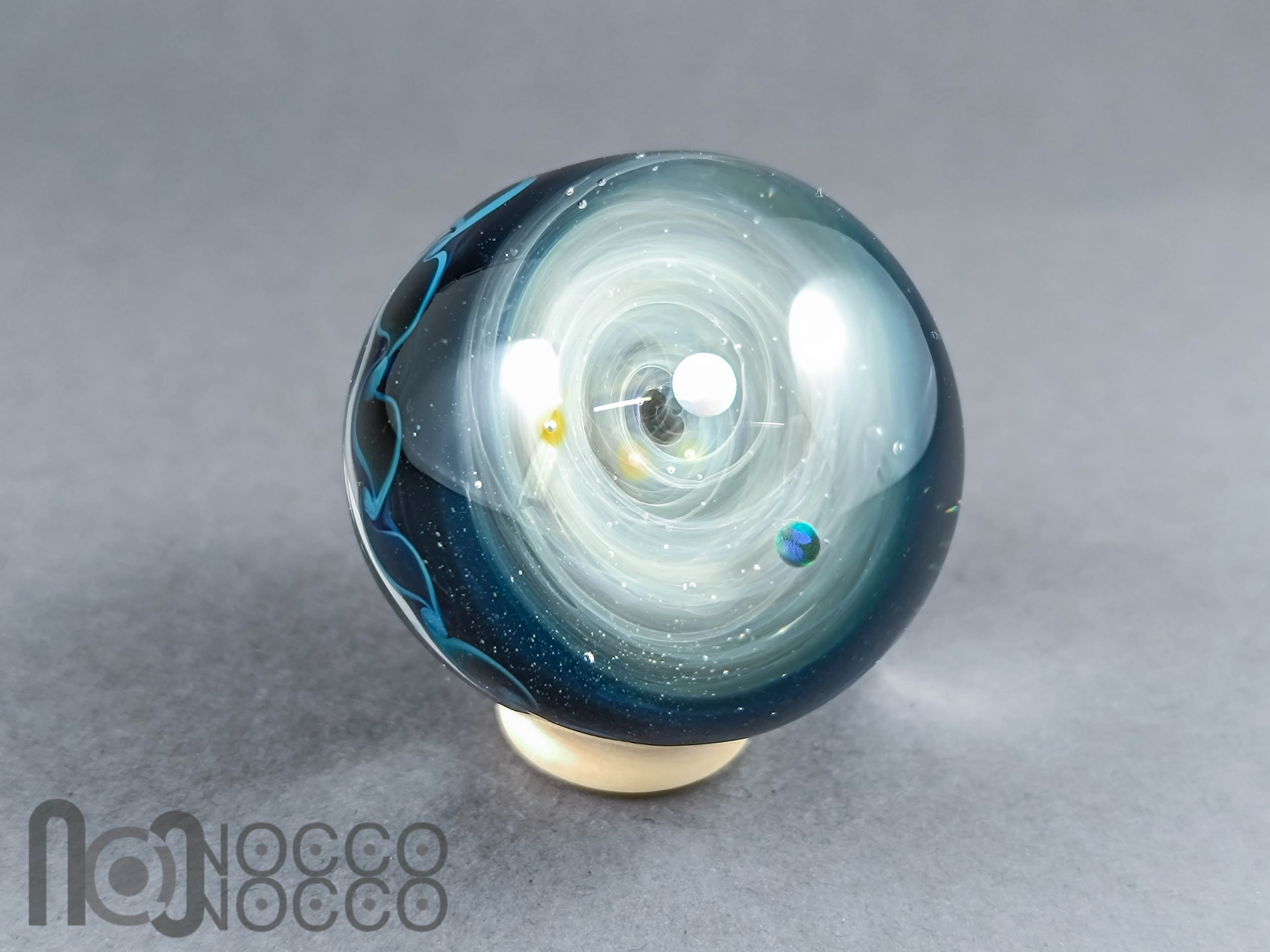 Double Sided Galaxy Marble with 4 Floating Opal Planets, v532 — handmade borosilicate glass by NoccoNocco, detail view 4 of 6, made in Greece