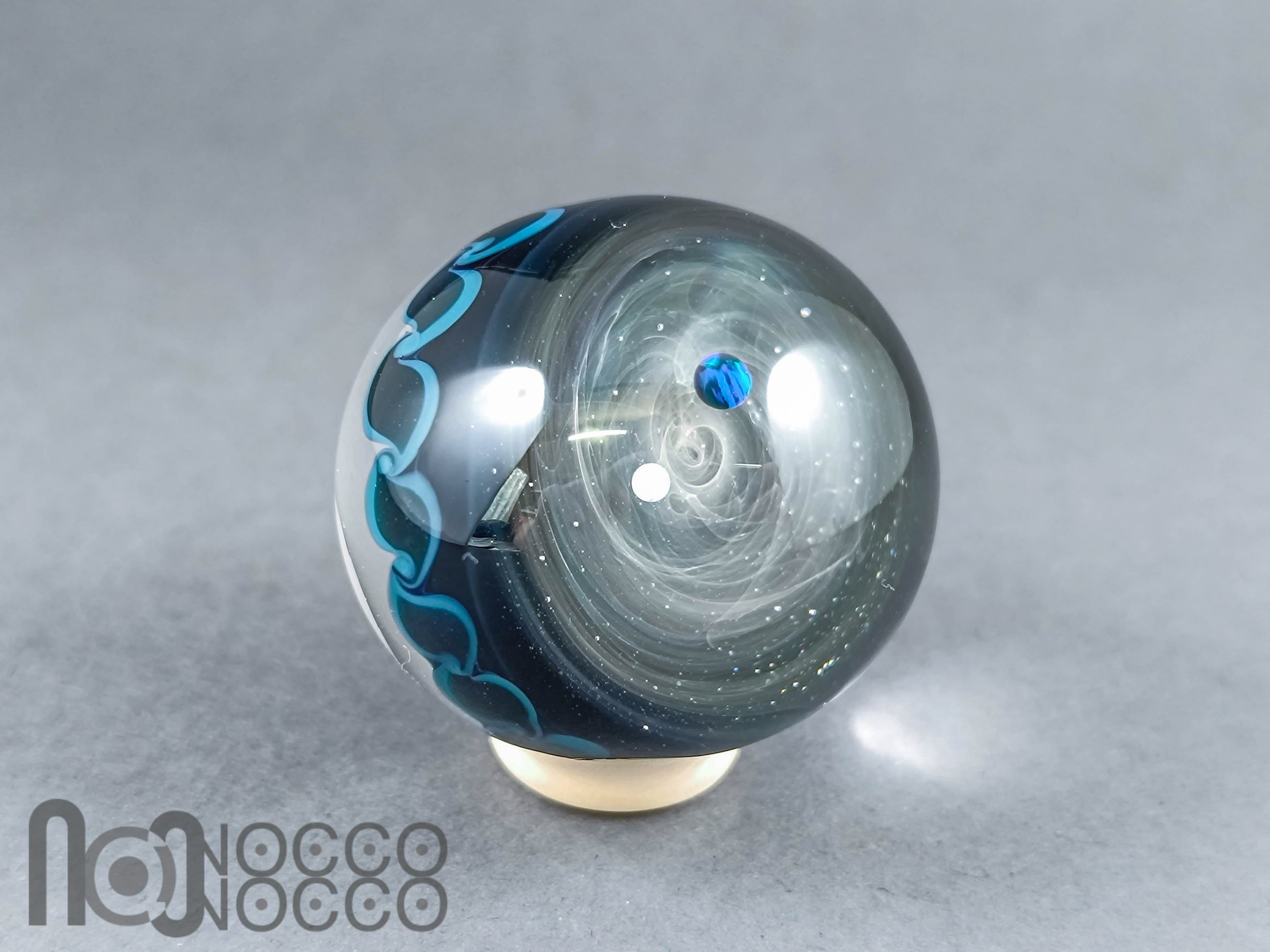 Double Sided Galaxy Marble with 4 Floating Opal Planets, v532 — handmade borosilicate glass by NoccoNocco, detail view 6 of 6, made in Greece