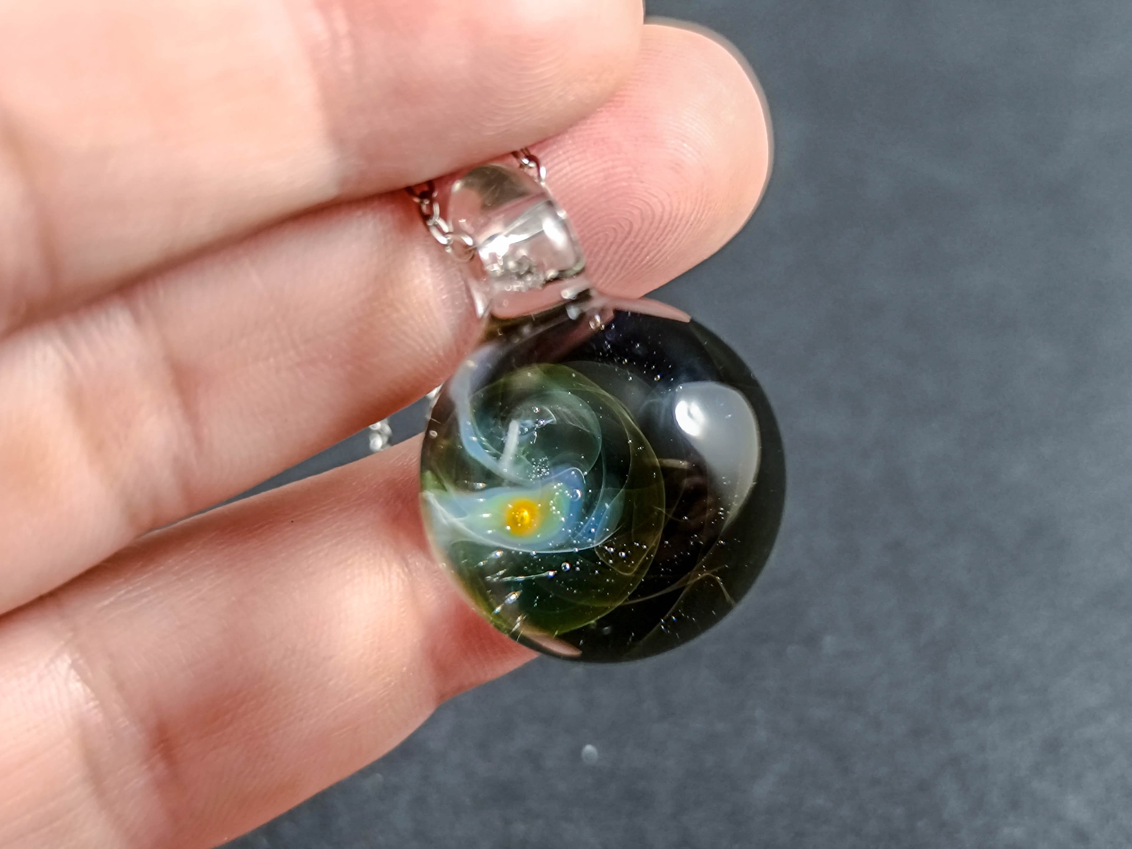 Silver & Gold Fumed Glass Galaxy Pendant – Handmade Borosilicate Necklace — handmade borosilicate glass by NoccoNocco, detail view 2 of 3, made in Greece