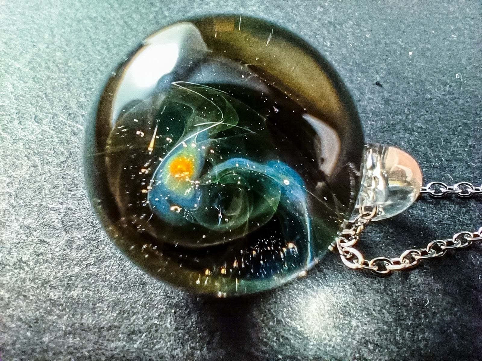 Silver & Gold Fumed Glass Galaxy Pendant – Handmade Borosilicate Necklace — handmade borosilicate glass by NoccoNocco, detail view 3 of 3, made in Greece