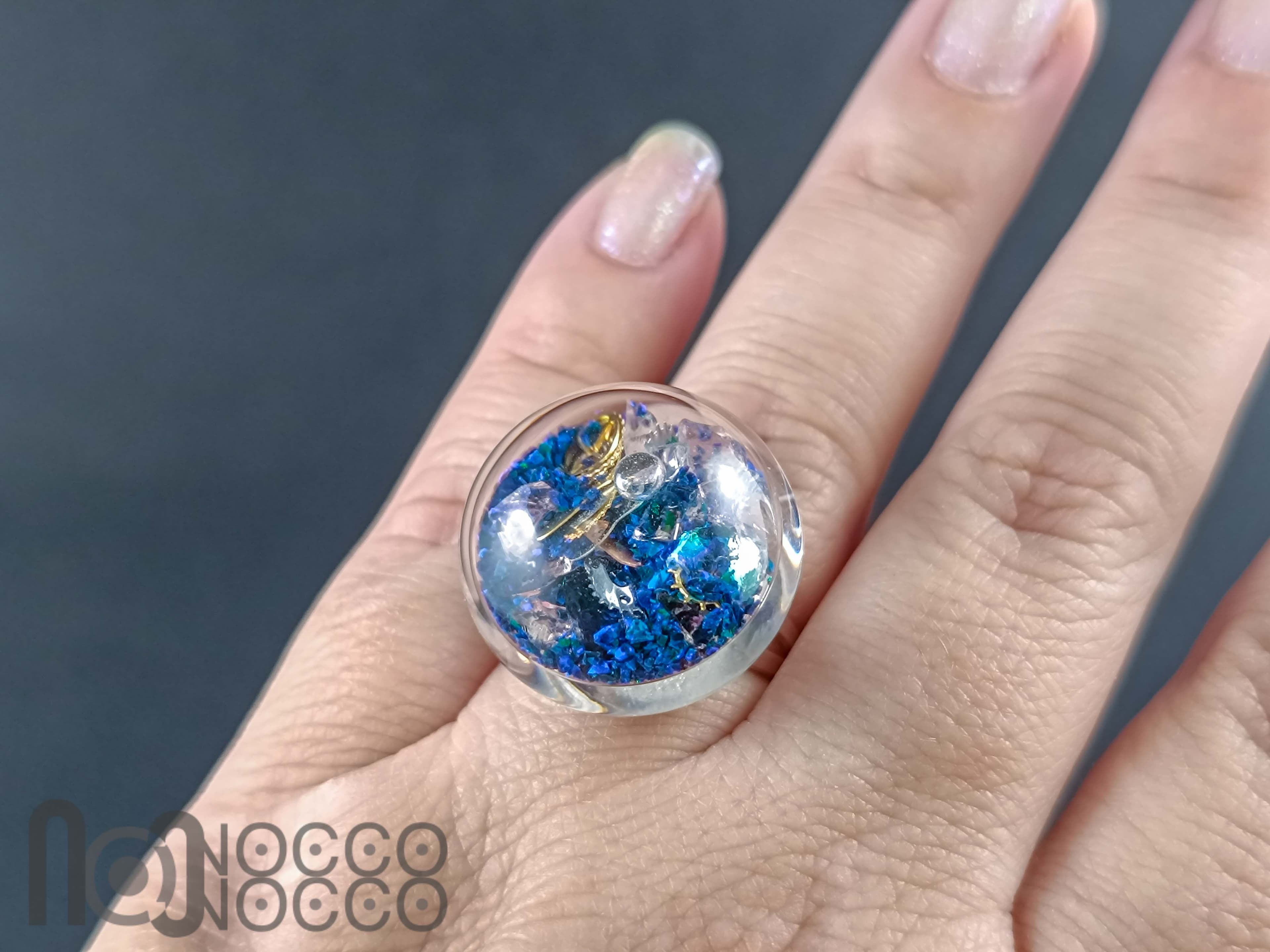 Hollow Glass Ring – Crushed Opal & Gear Design – Sterling Silver Adjustable Band — handmade borosilicate glass by NoccoNocco, detail view 2 of 2, made in Greece