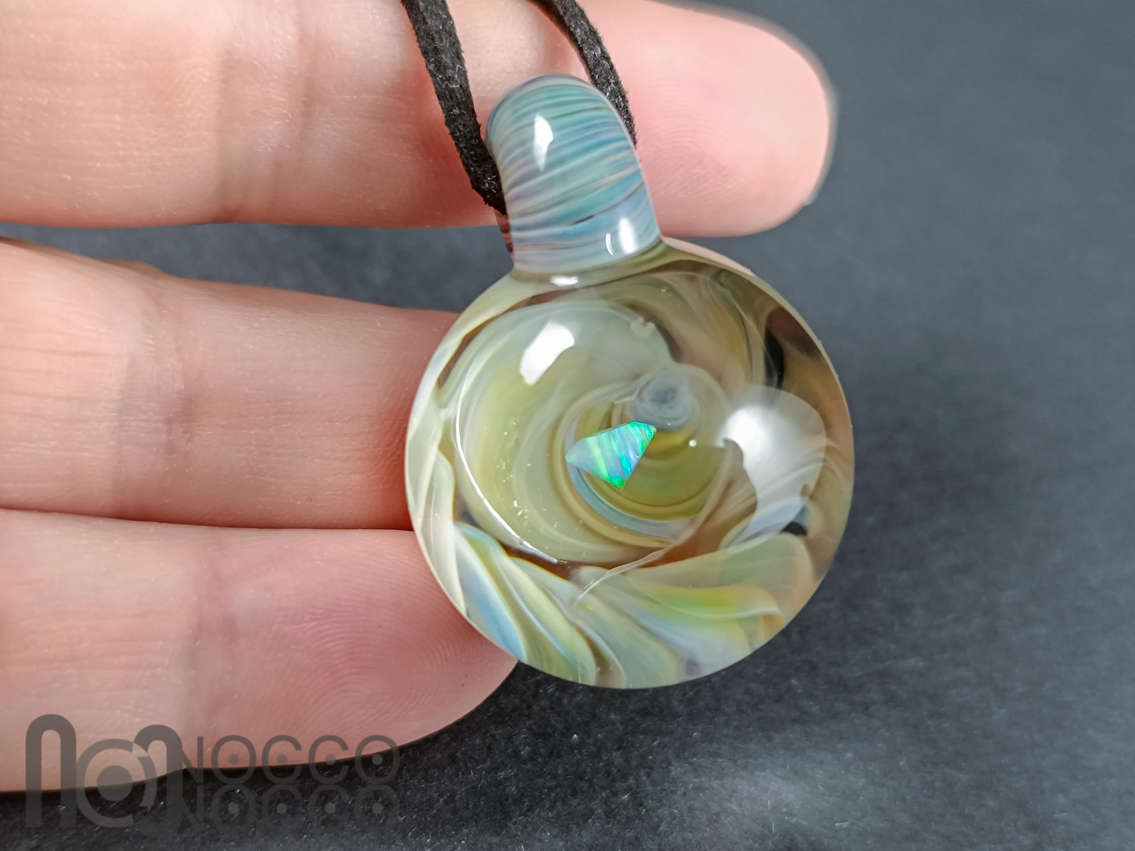 Handmade Glass Pendant – Diamond-Cut Opal – Handmade Borosilicate Necklace — handmade borosilicate glass by NoccoNocco, detail view 3 of 3, made in Greece