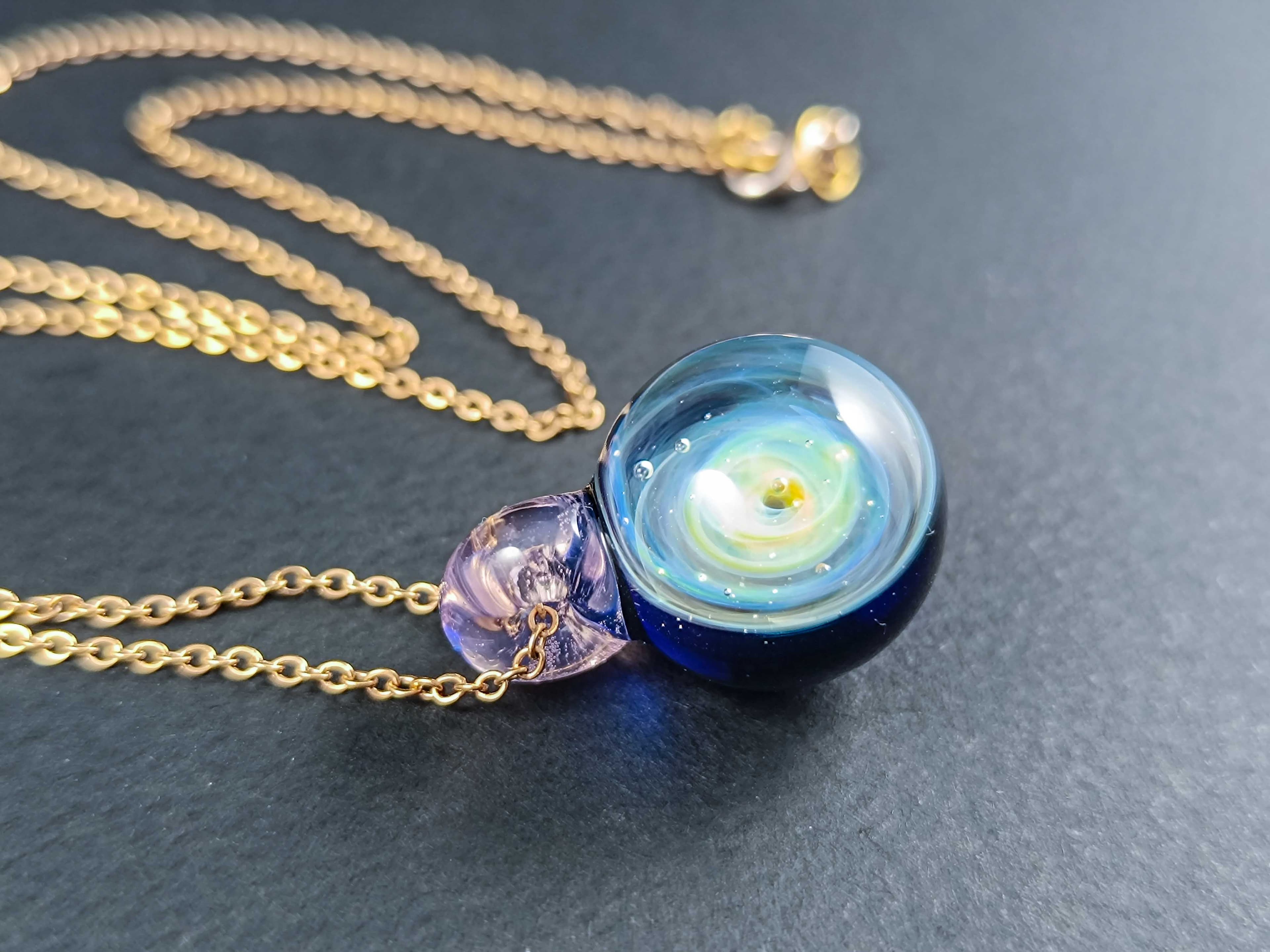 Galaxy Glass Pendant – Silver Fumed Necklace - 402 — handmade borosilicate glass by NoccoNocco, main view, made in Greece
