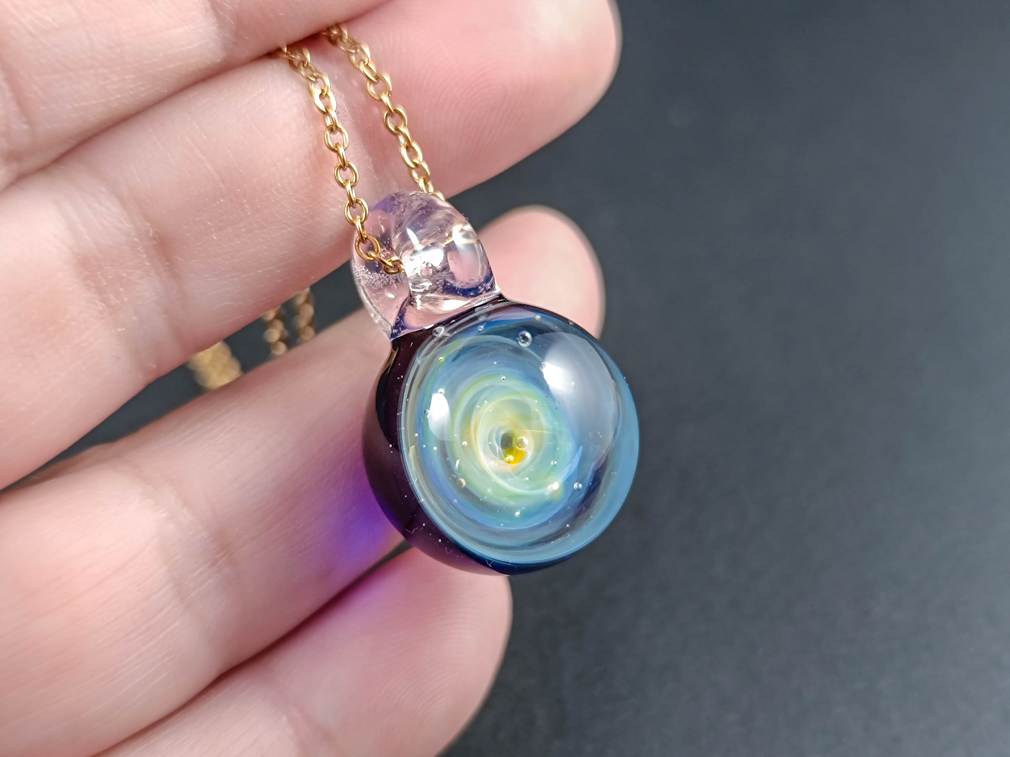 Galaxy Glass Pendant – Silver Fumed Necklace - 402 — handmade borosilicate glass by NoccoNocco, detail view 3 of 3, made in Greece