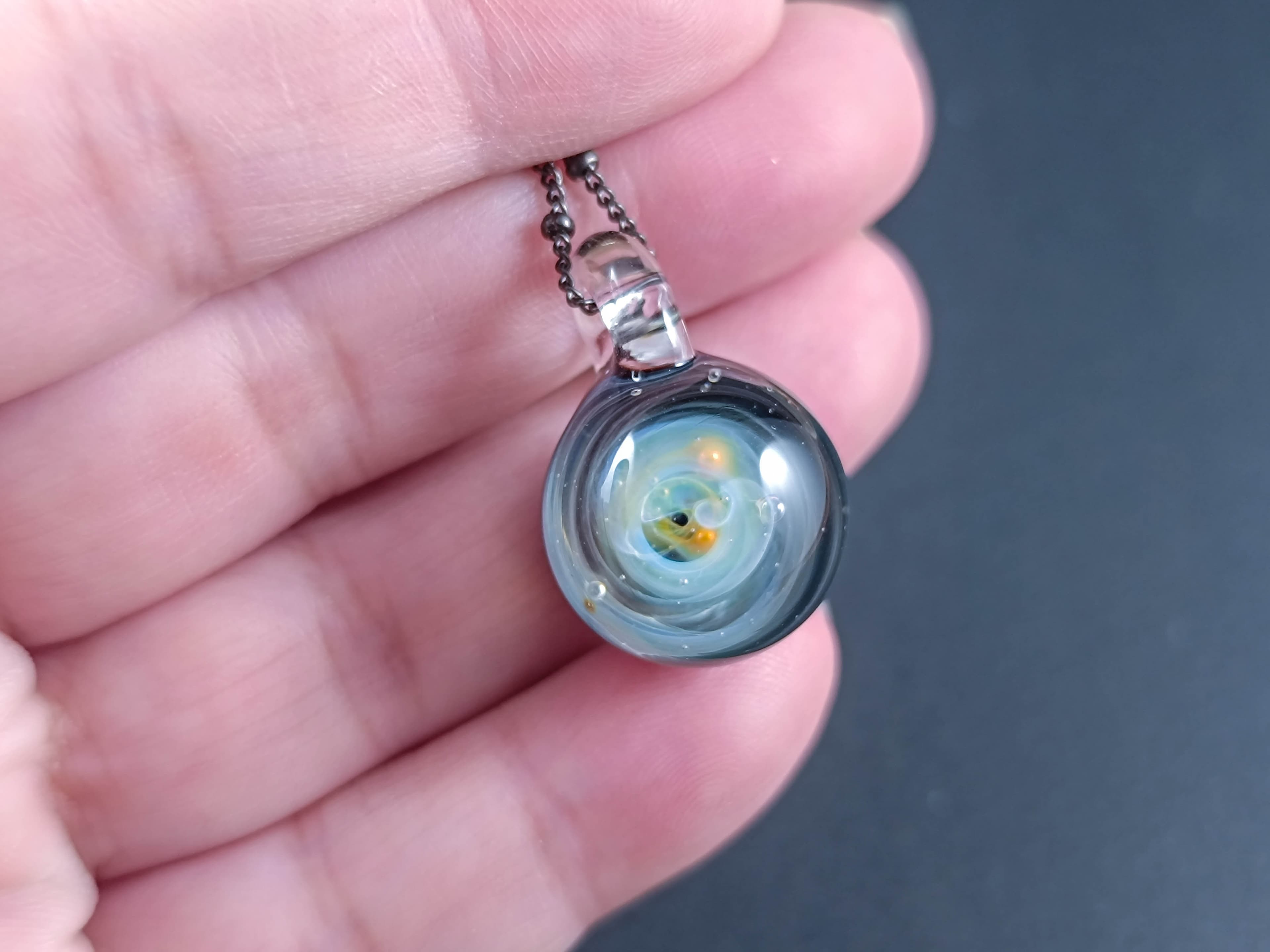 Galaxy Glass Pendant – Silver Fumed Necklace - 418 — handmade borosilicate glass by NoccoNocco, detail view 2 of 2, made in Greece