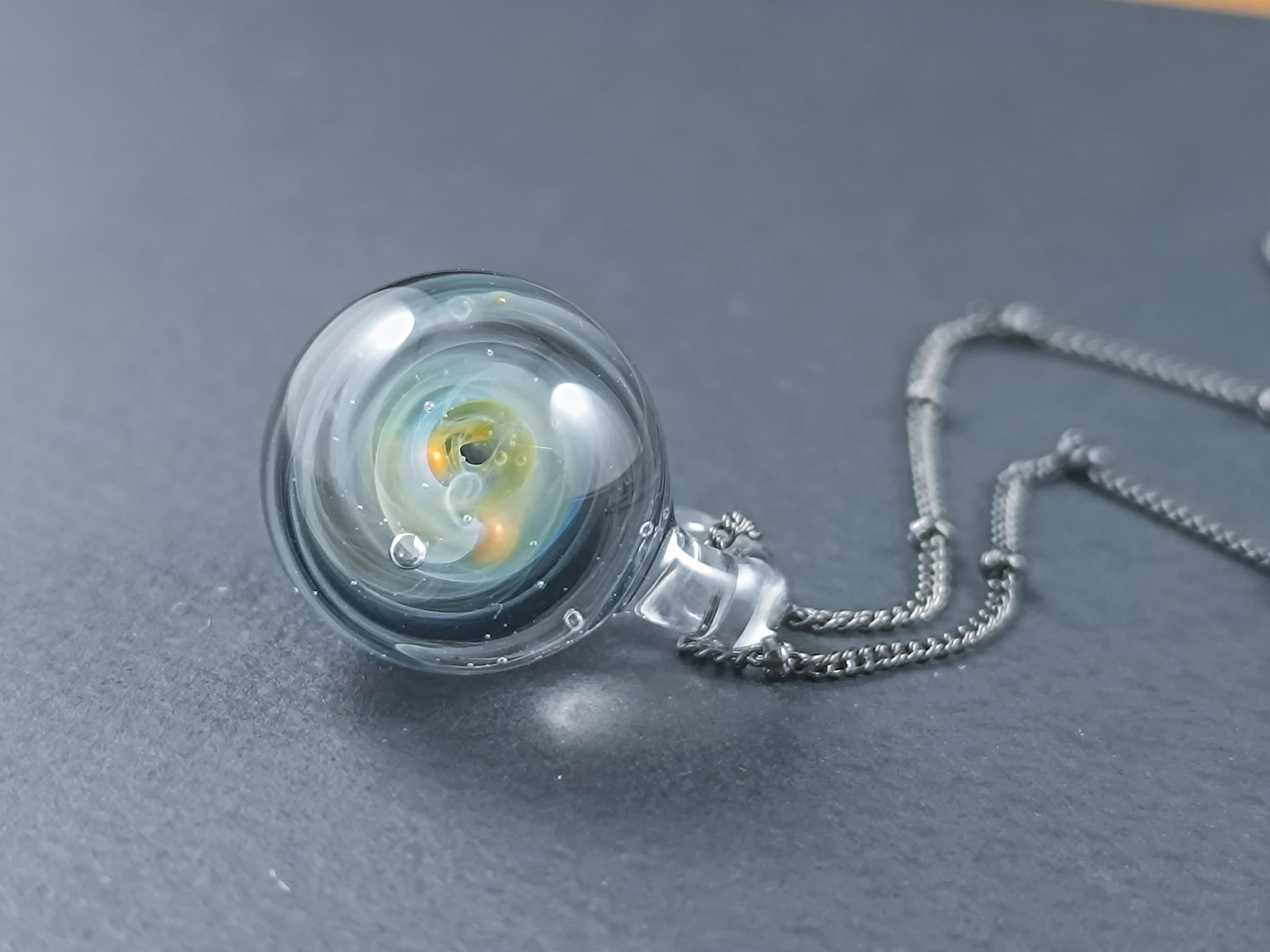 Galaxy Glass Pendant – Silver Fumed Necklace - 418 — handmade borosilicate glass by NoccoNocco, main view, made in Greece