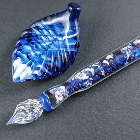 Handmade blue glass dip pen with a fumed shimmer, made in Greece