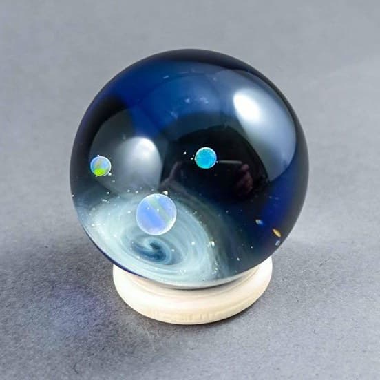 Silver-fumed galaxy glass marble with three floating opal planets