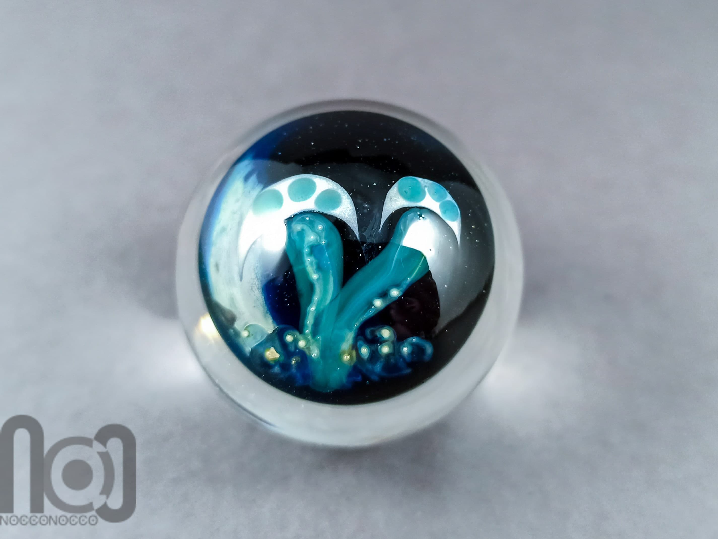 Glass Galaxy Marble, With Backside Decoration and A Floating Opal Mushroom, v204 — handmade borosilicate glass by NoccoNocco, detail view 2 of 2, made in Greece