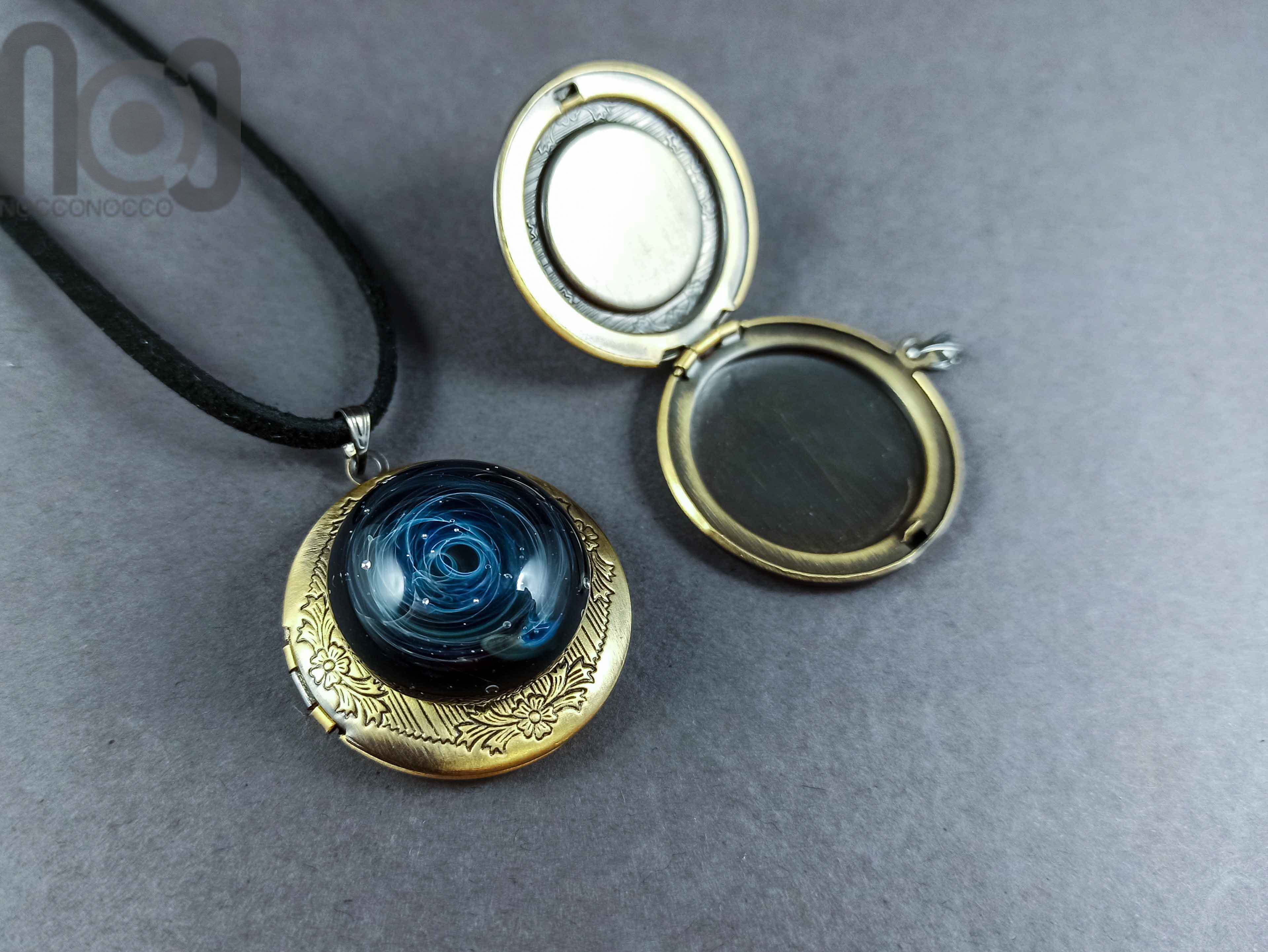 Glass Galaxy Photo Locket Pendant — handmade borosilicate glass by NoccoNocco, main view, made in Greece